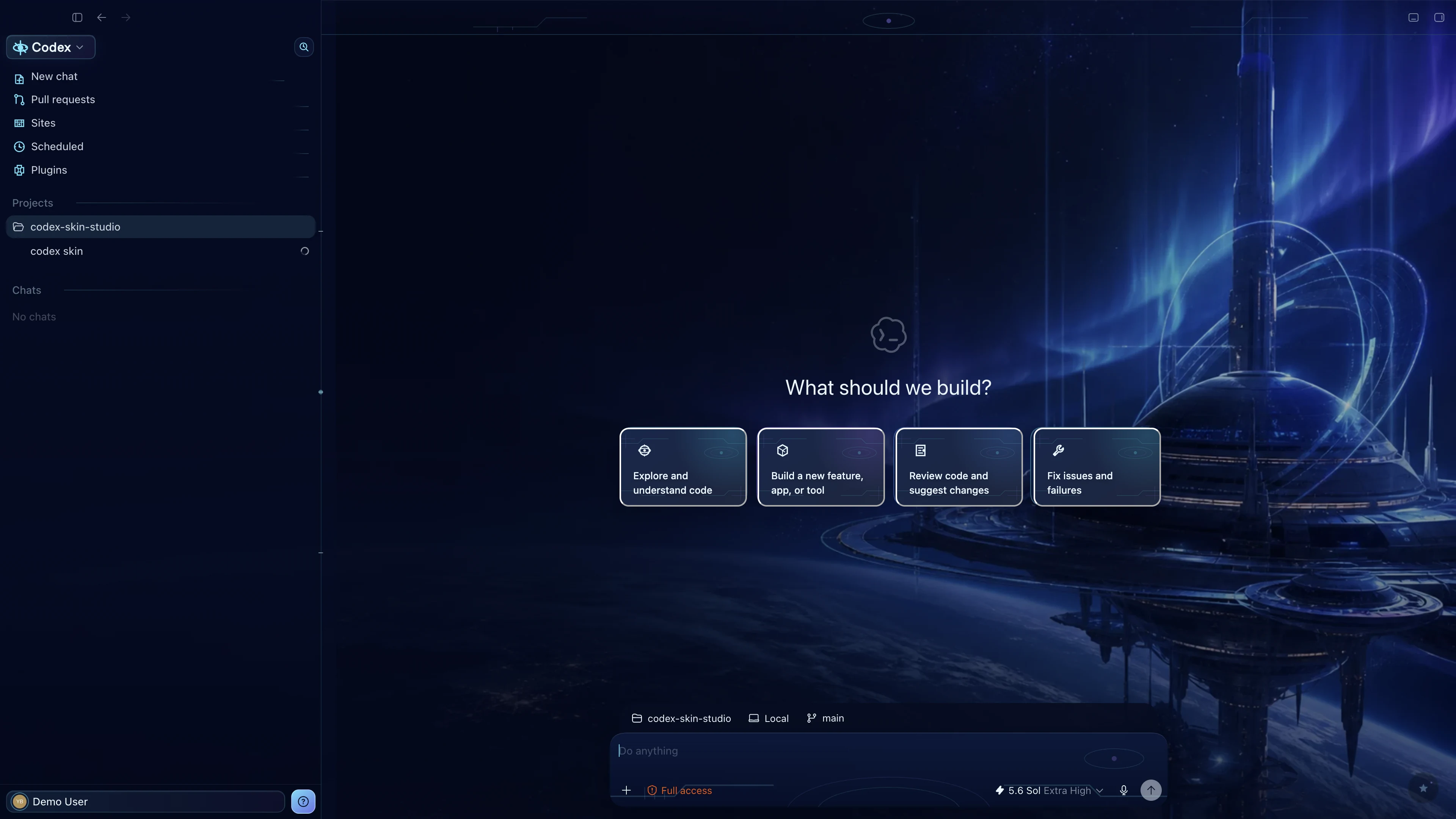 Aurora Terminal theme shown in the Codex New Task interface