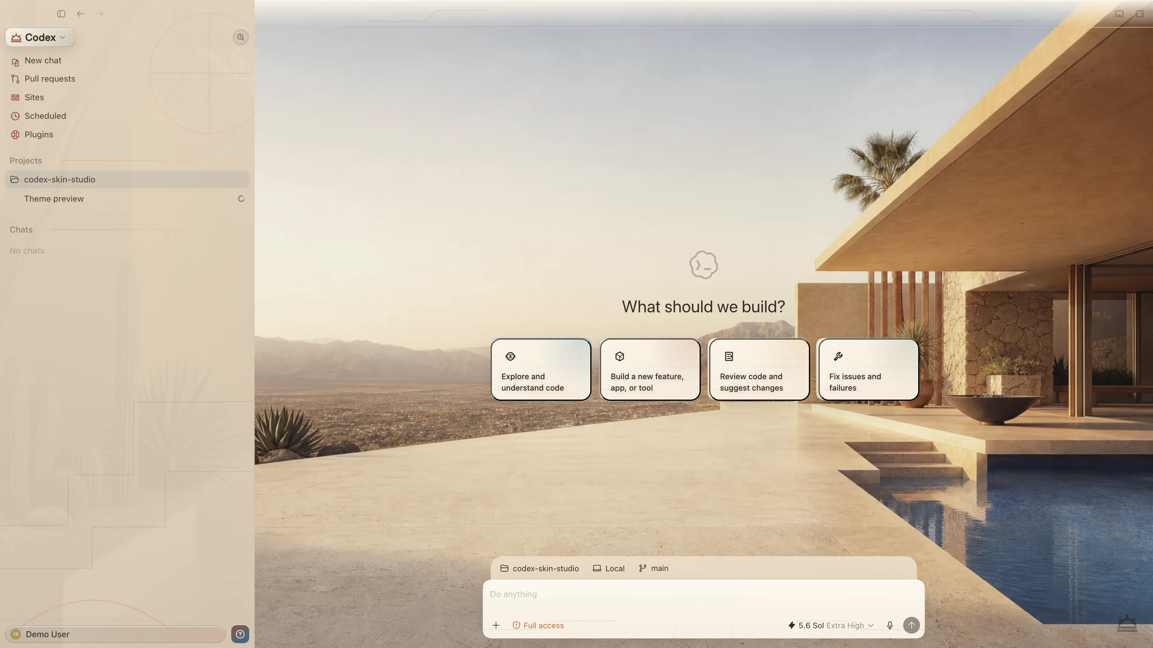Desert Modern theme shown in the Codex New Task interface