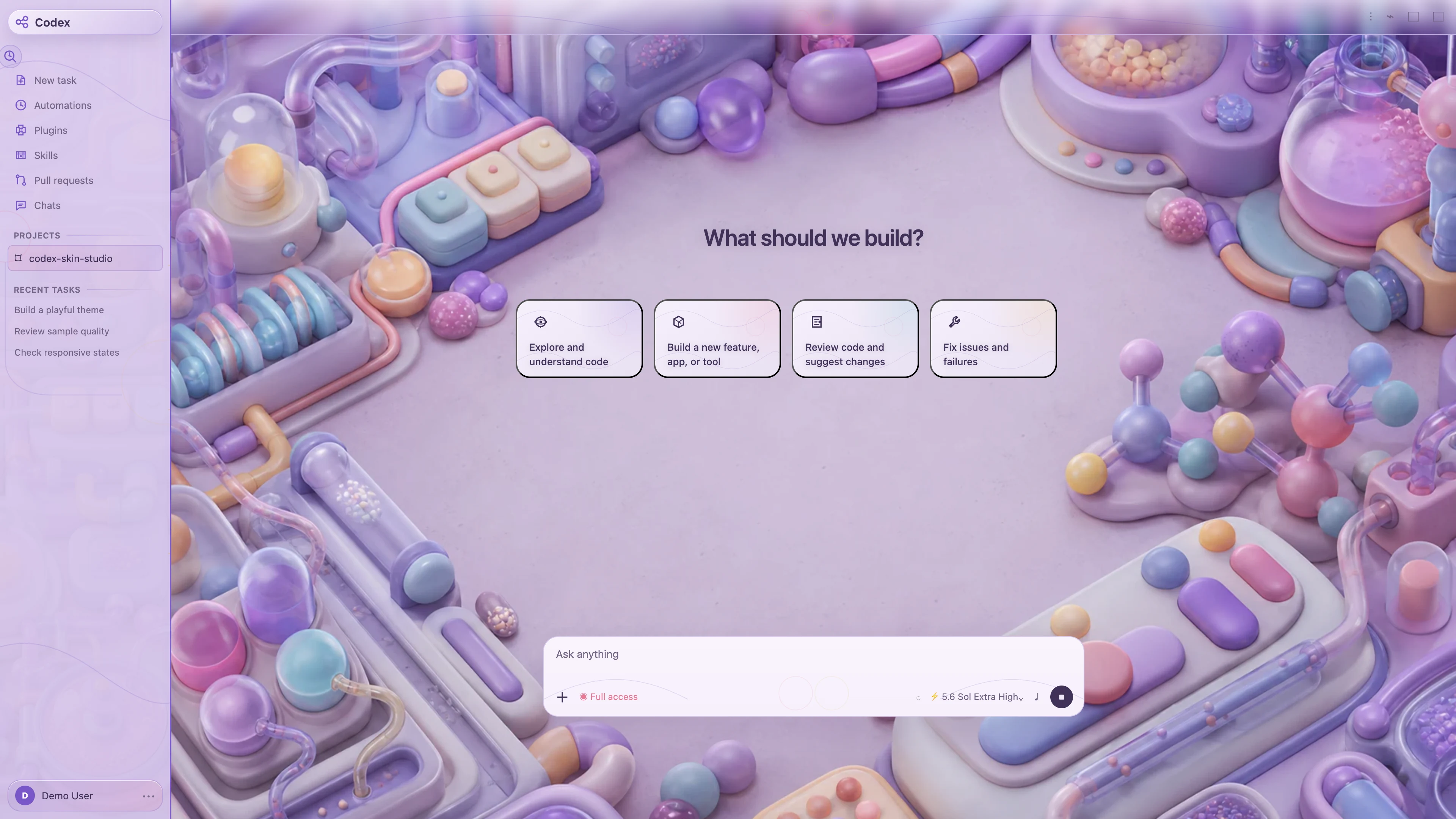 Gummy Lab theme shown in the Codex New Task interface