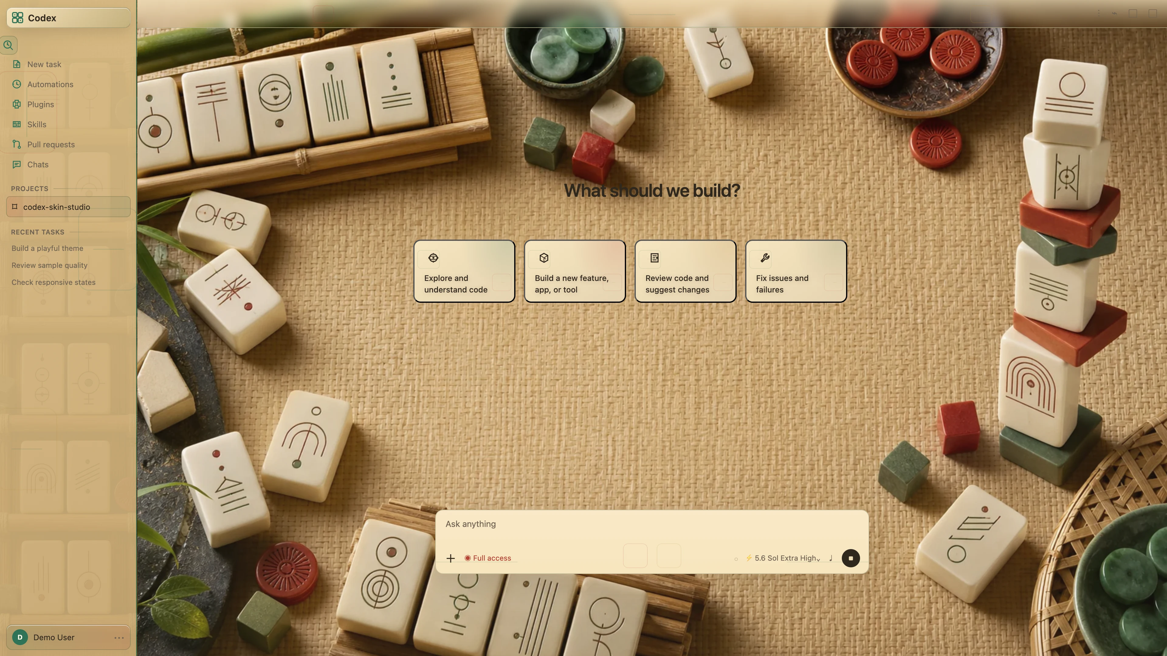 Lucky Tiles theme shown in the Codex New Task interface