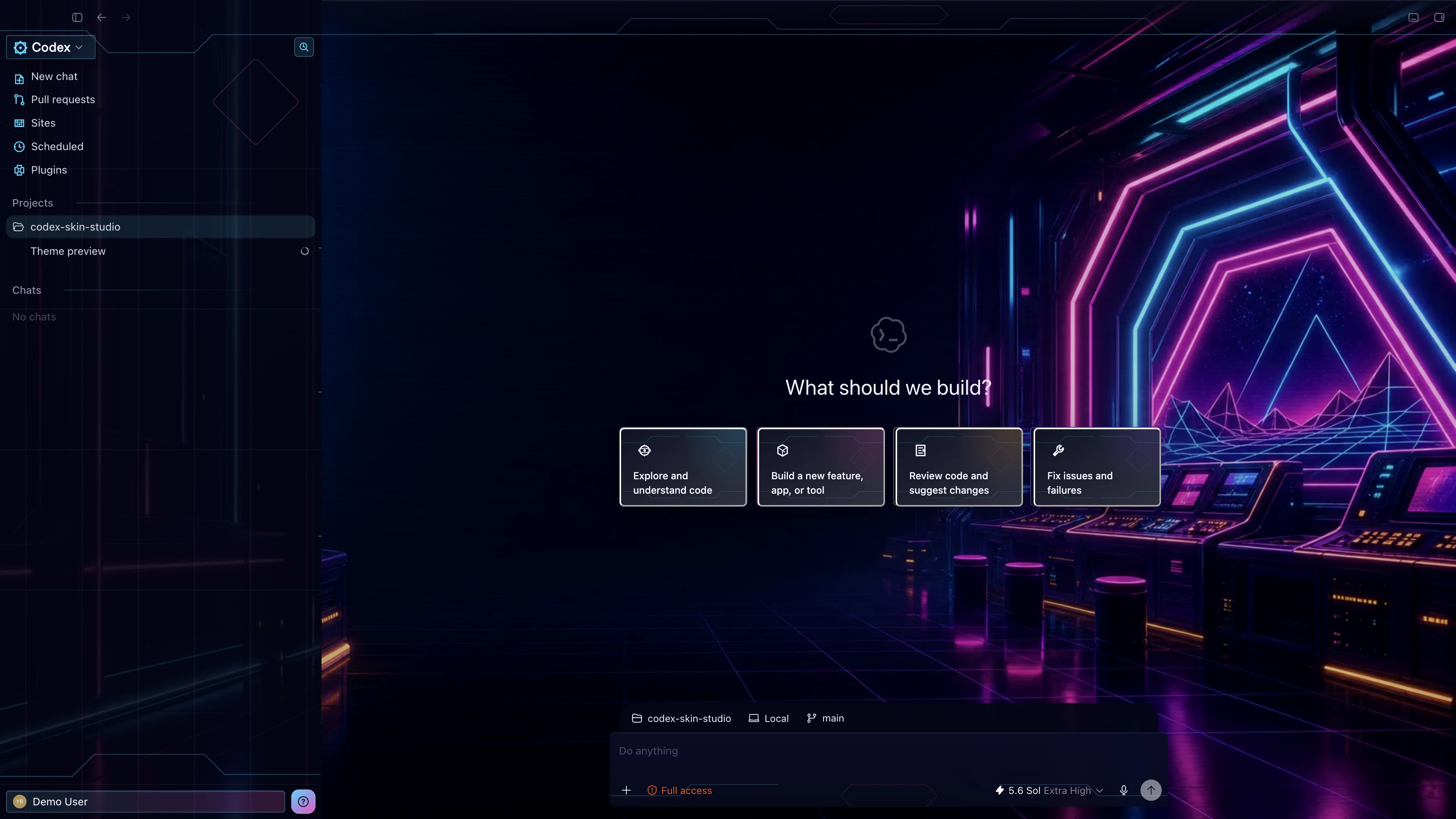 Neon Arcade theme shown in the Codex New Task interface