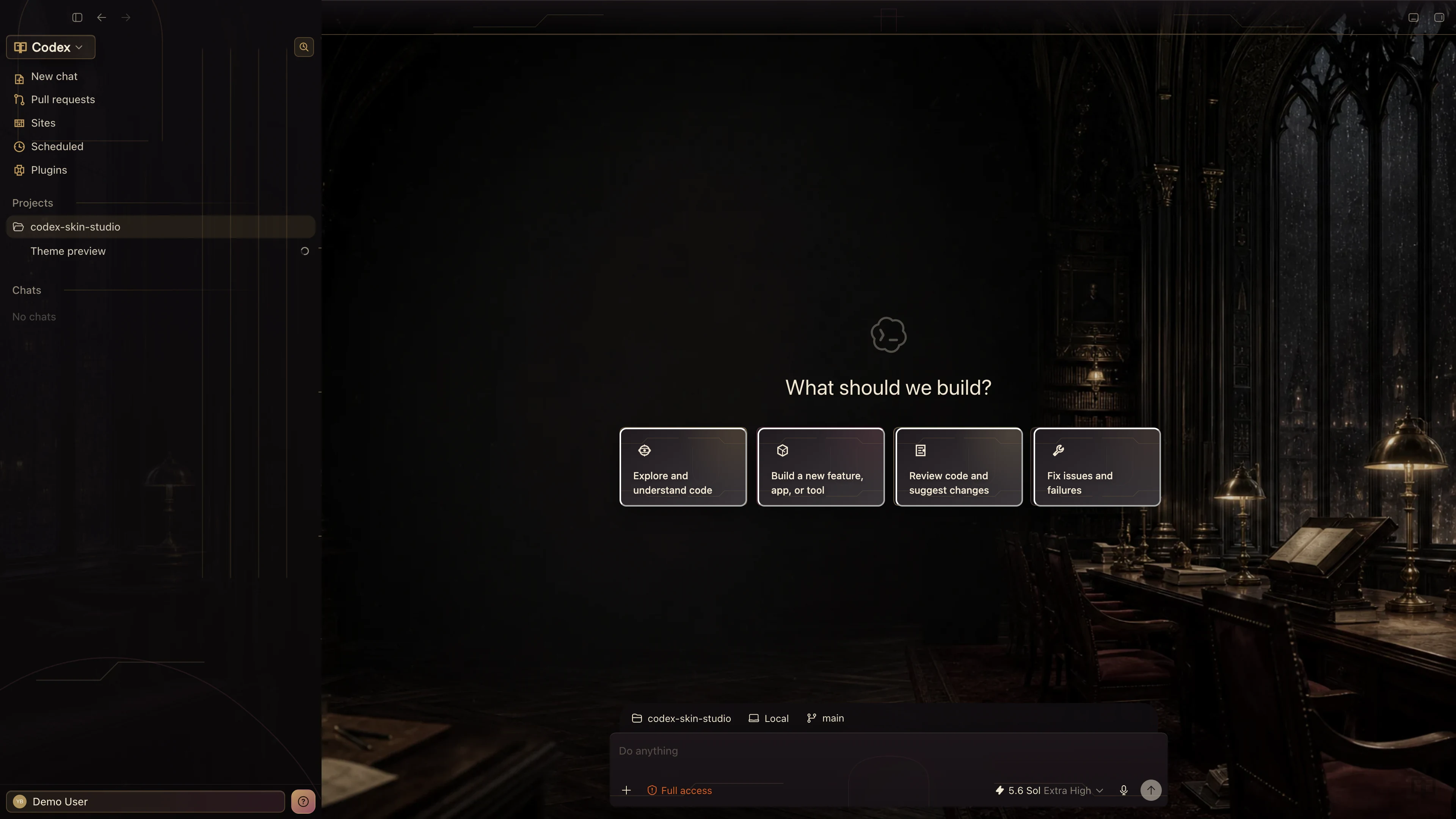 Nocturne Archive theme shown in the Codex New Task interface