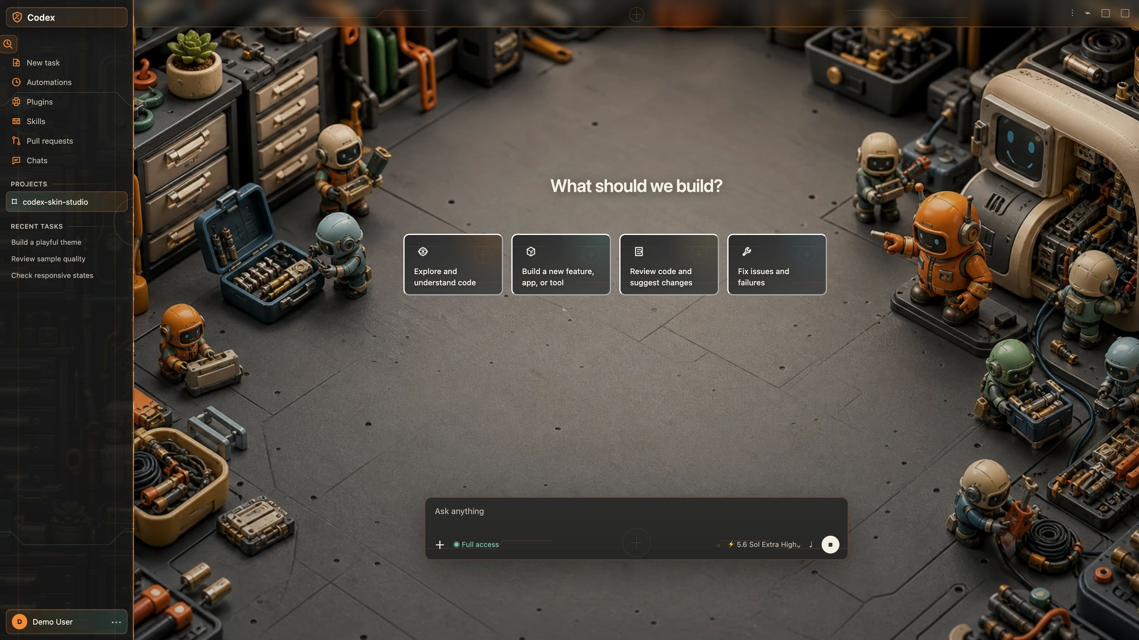 Patch Patrol theme shown in the Codex New Task interface