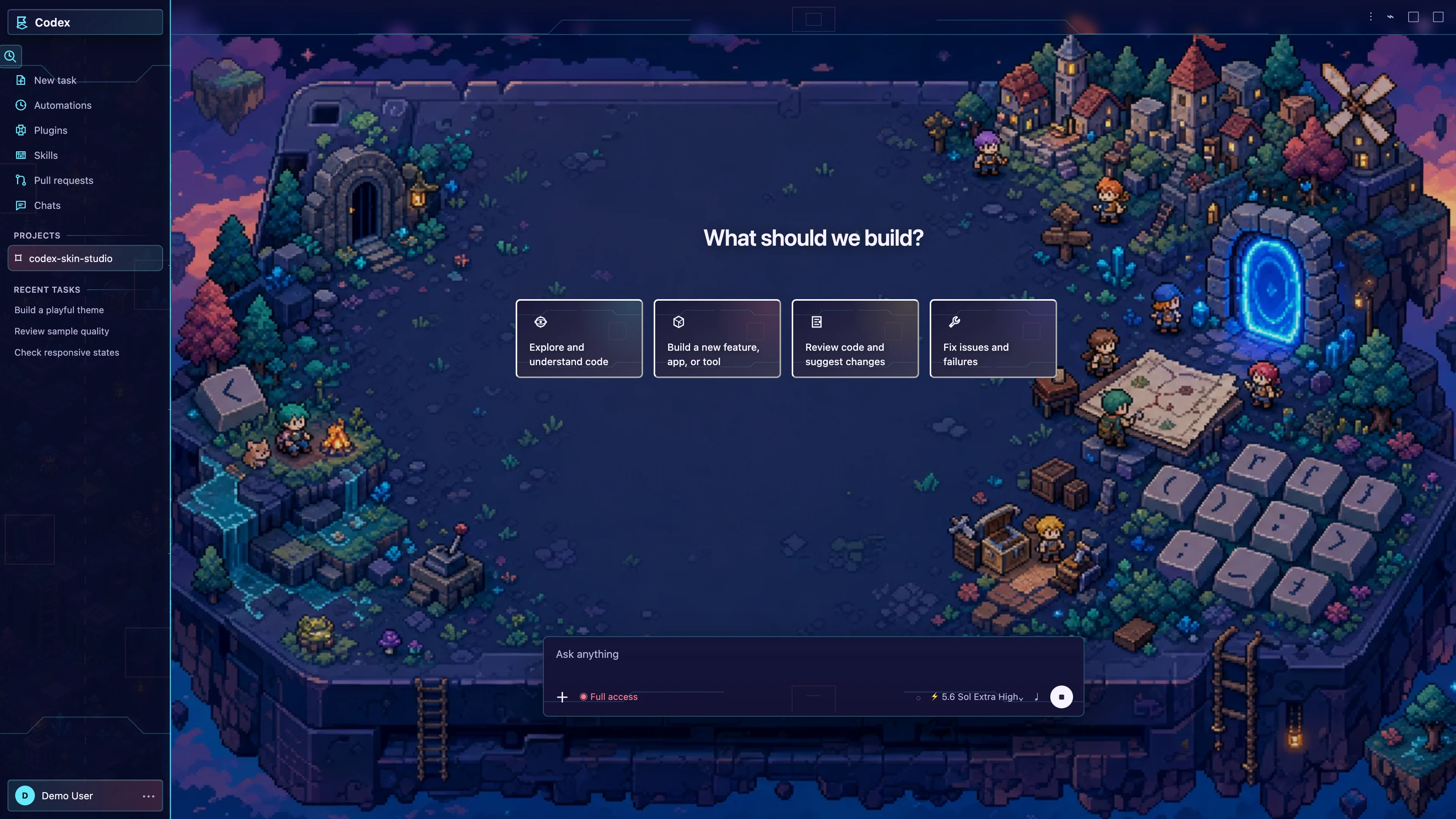 Pocket Quest theme shown in the Codex New Task interface