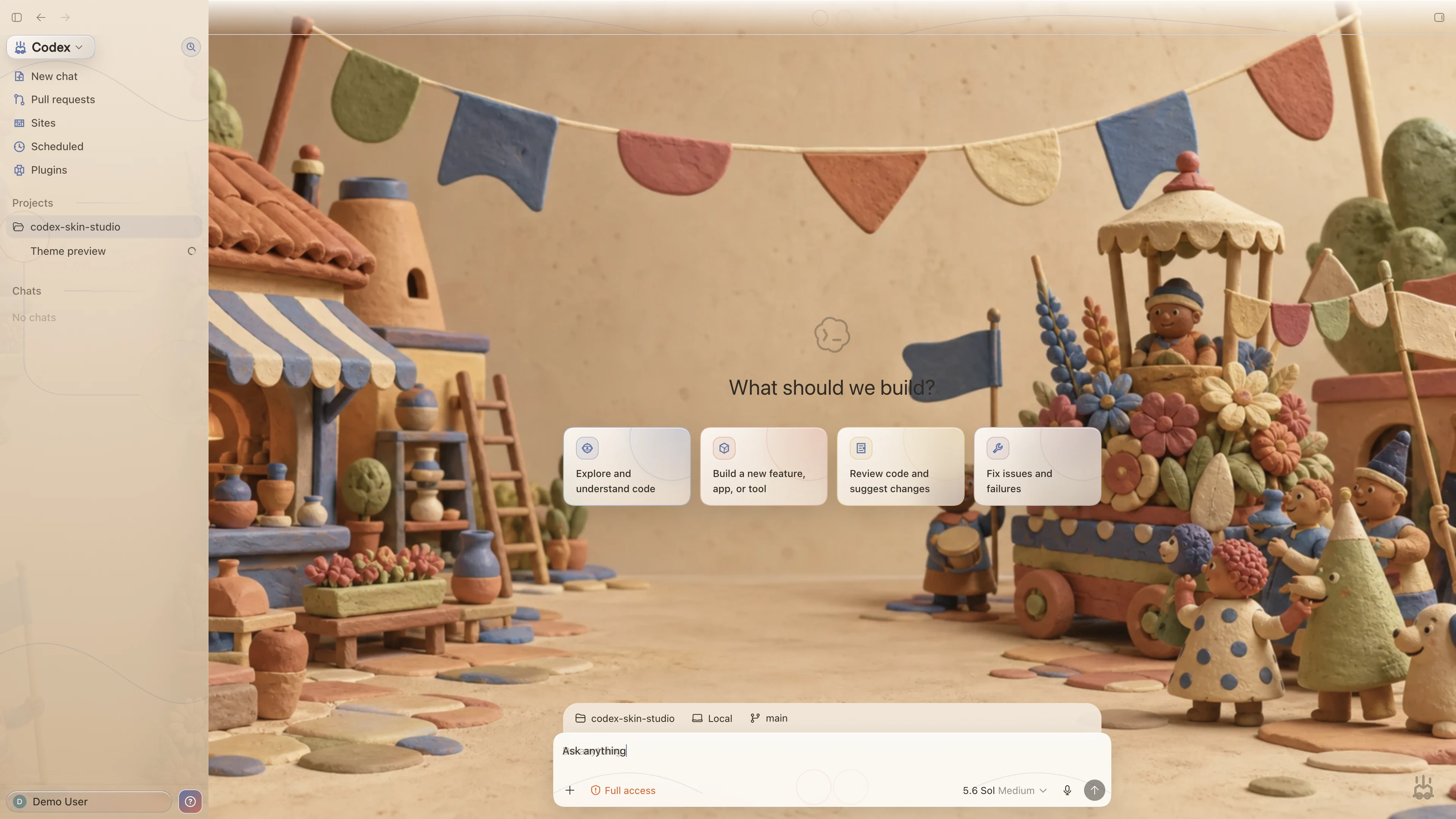 Clay Parade theme shown in the Codex New Task interface