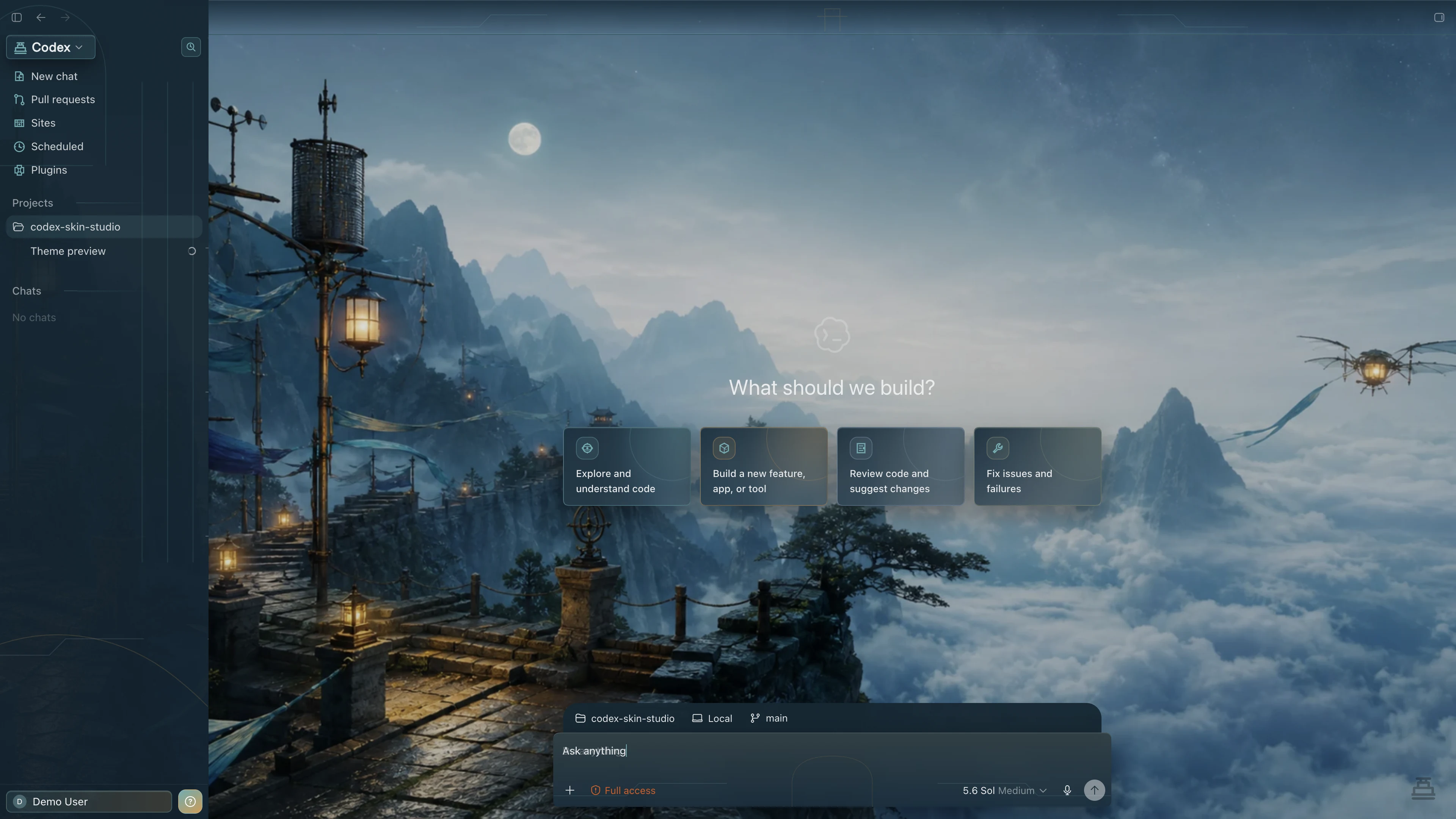 Cloudwall Patrol theme shown in the Codex New Task interface