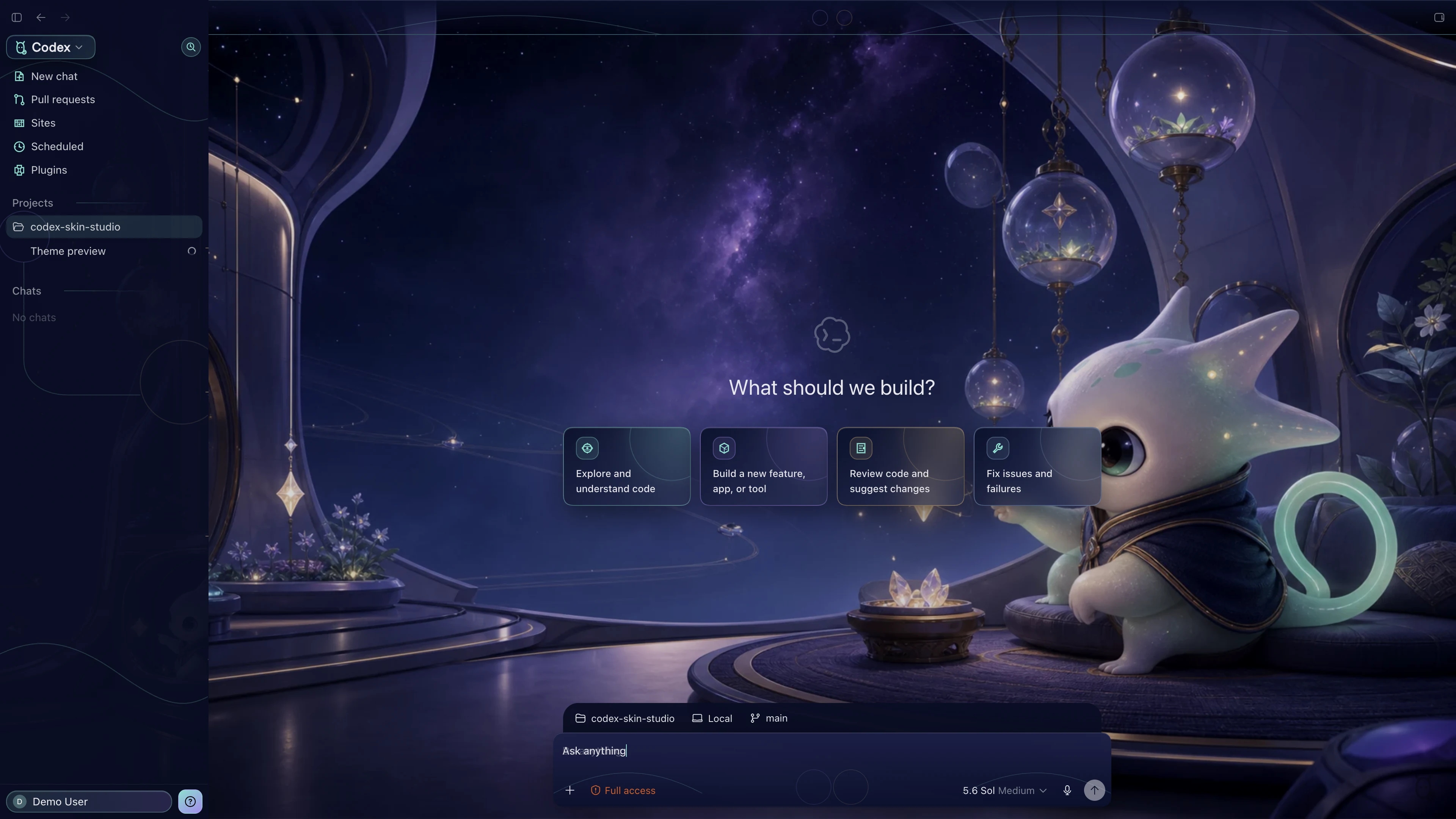 Cosmic Familiar theme shown in the Codex New Task interface