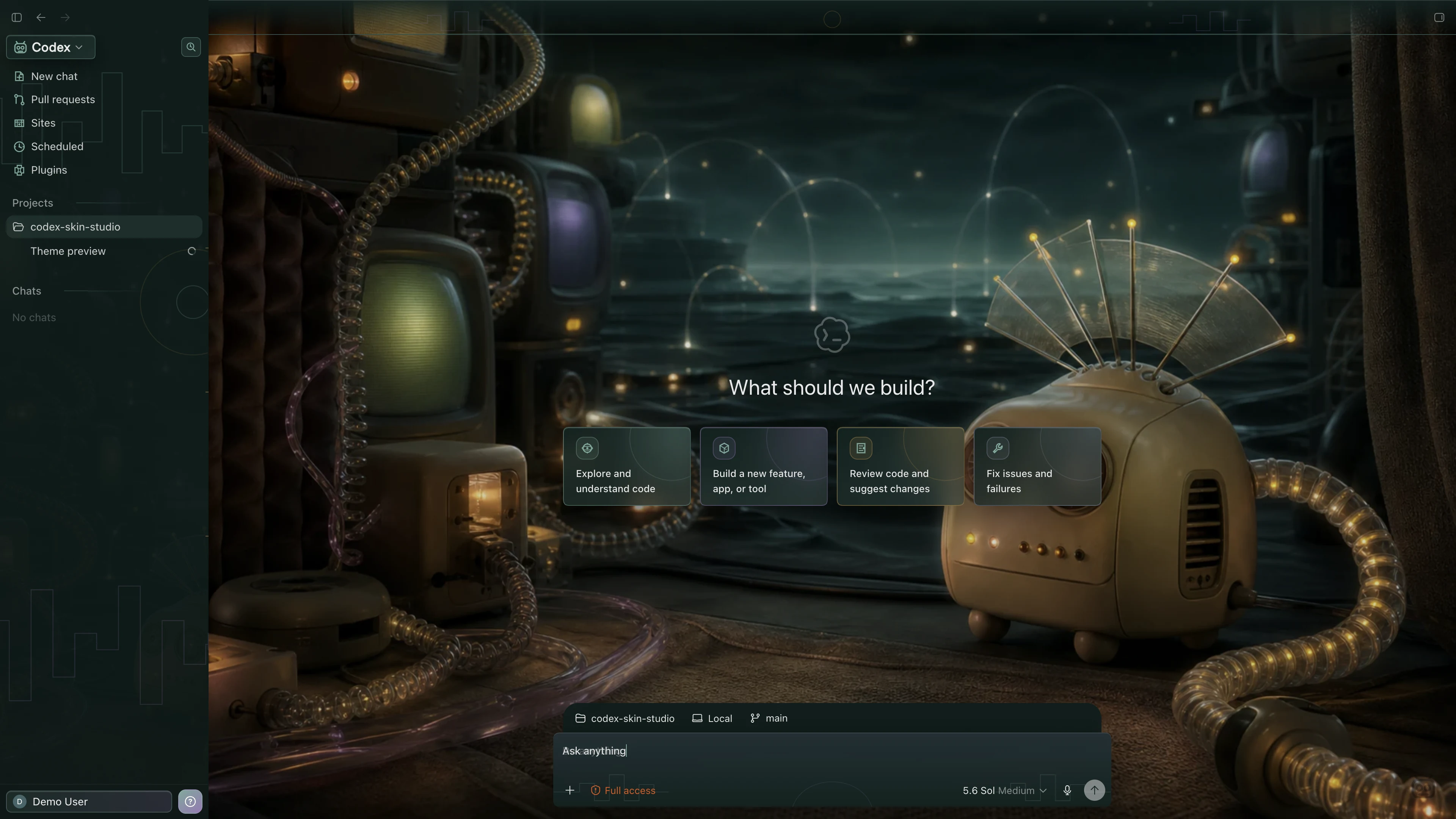 Dial-up Dreamscape theme shown in the Codex New Task interface