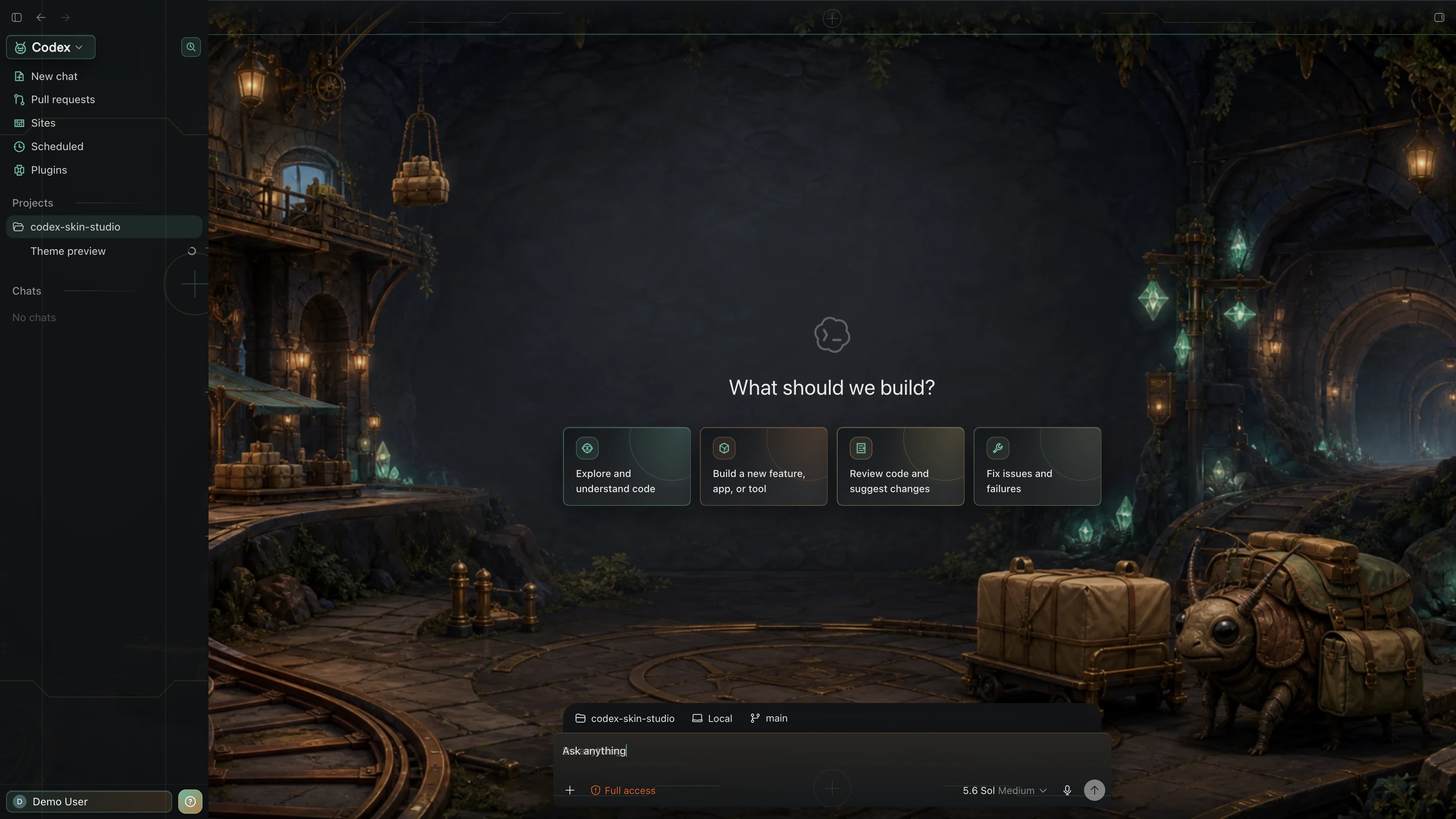 Dungeon Dispatch theme shown in the Codex New Task interface