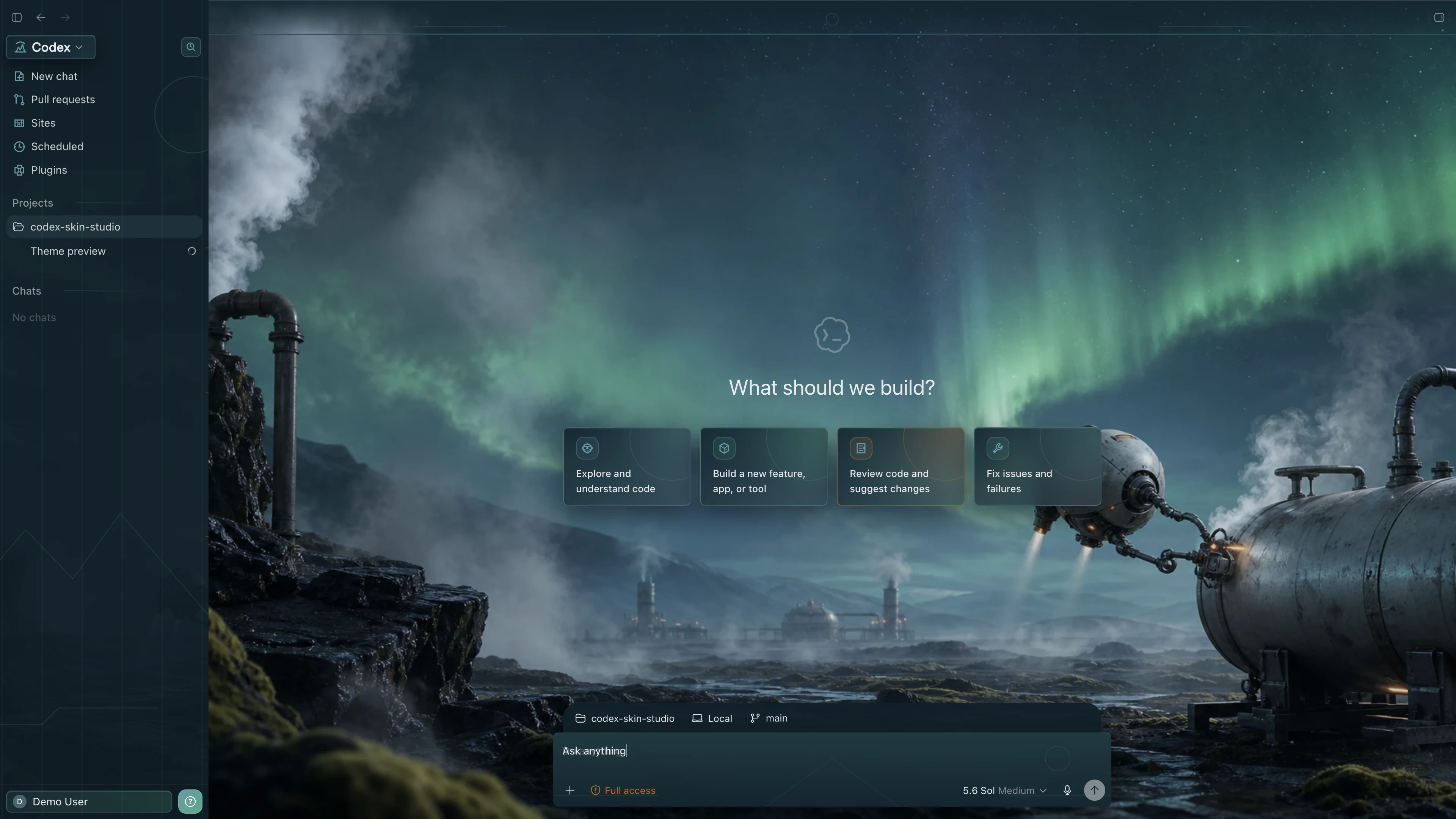 Iceland Aurora Works theme shown in the Codex New Task interface