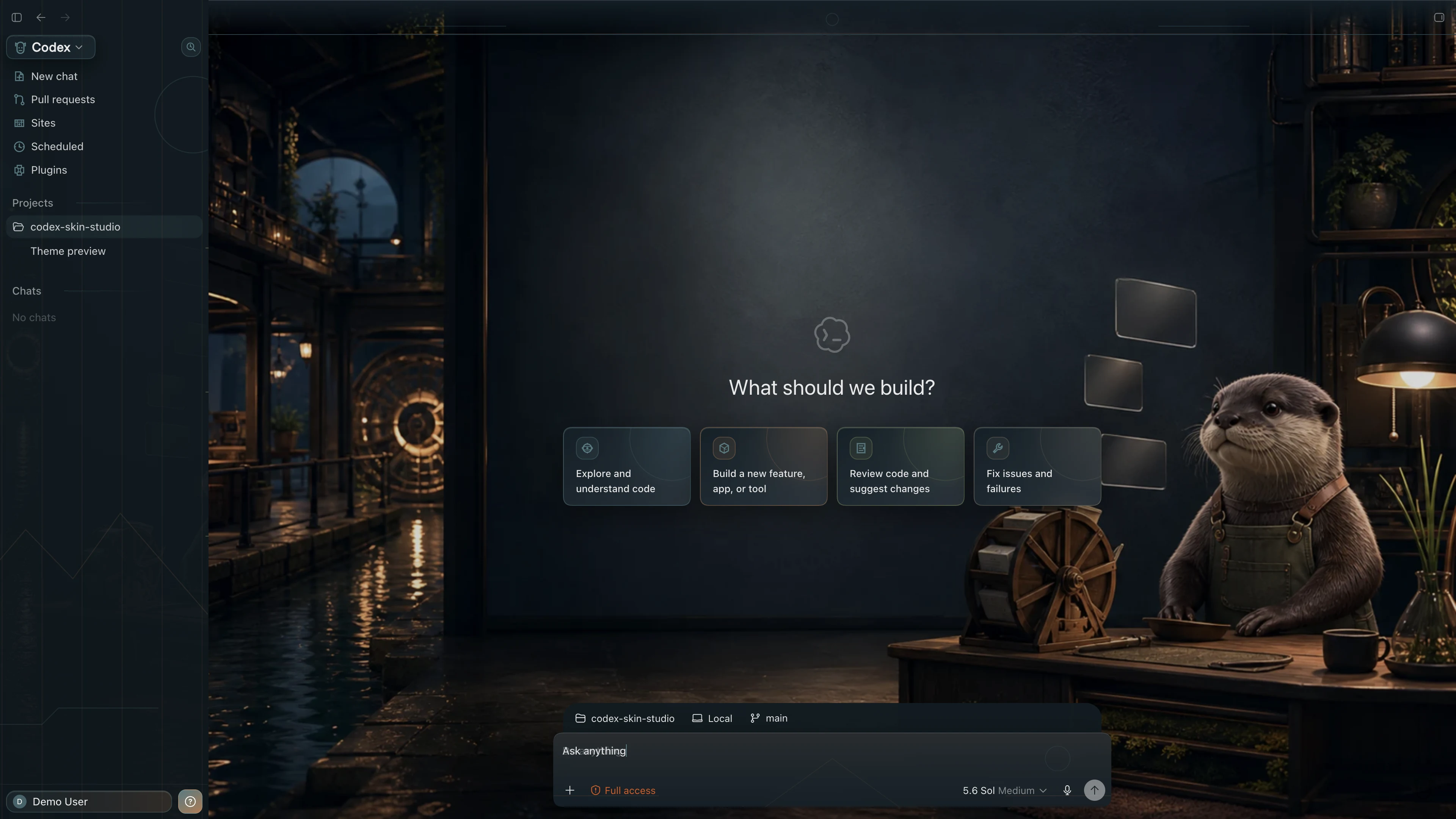 Night Otter Office theme shown in the Codex New Task interface