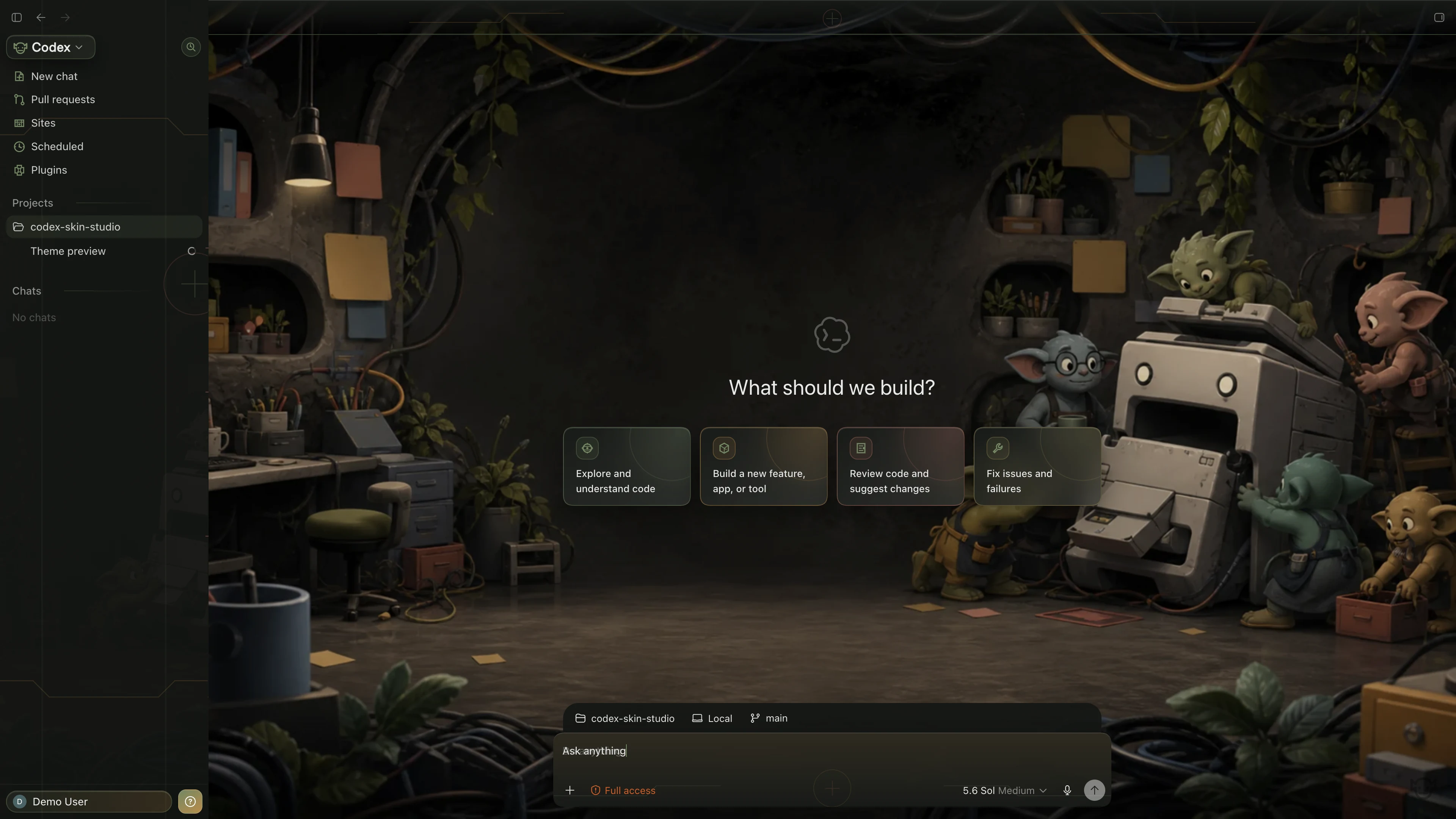 Office Goblins theme shown in the Codex New Task interface