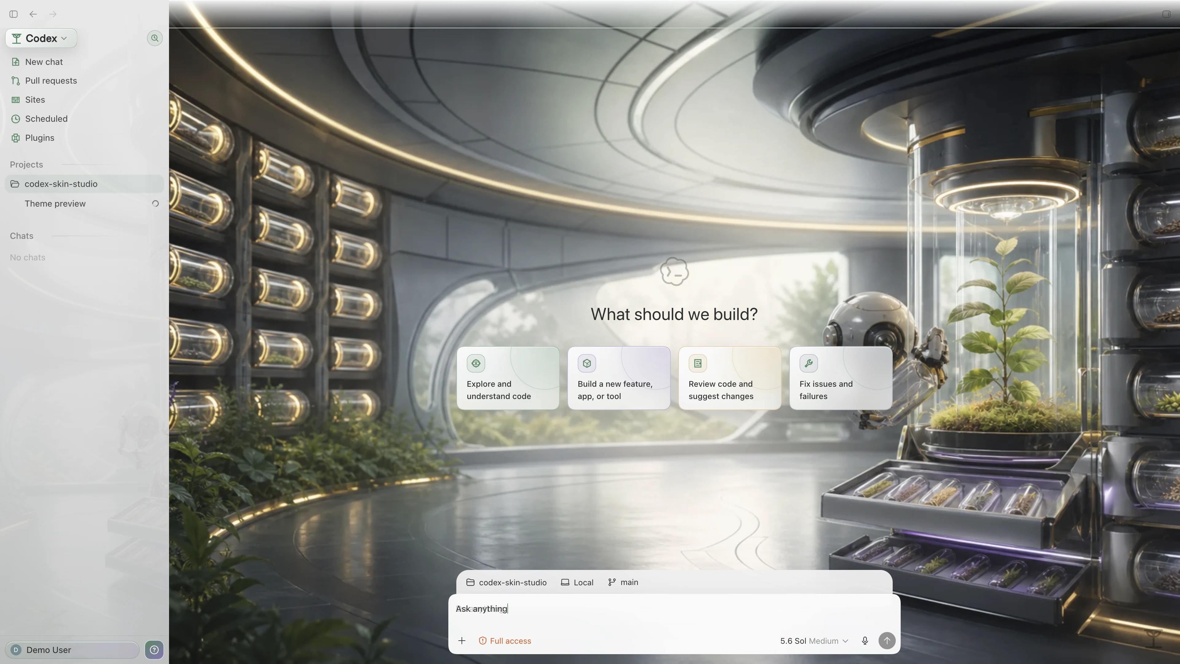 Orbital Seed Vault theme shown in the Codex New Task interface