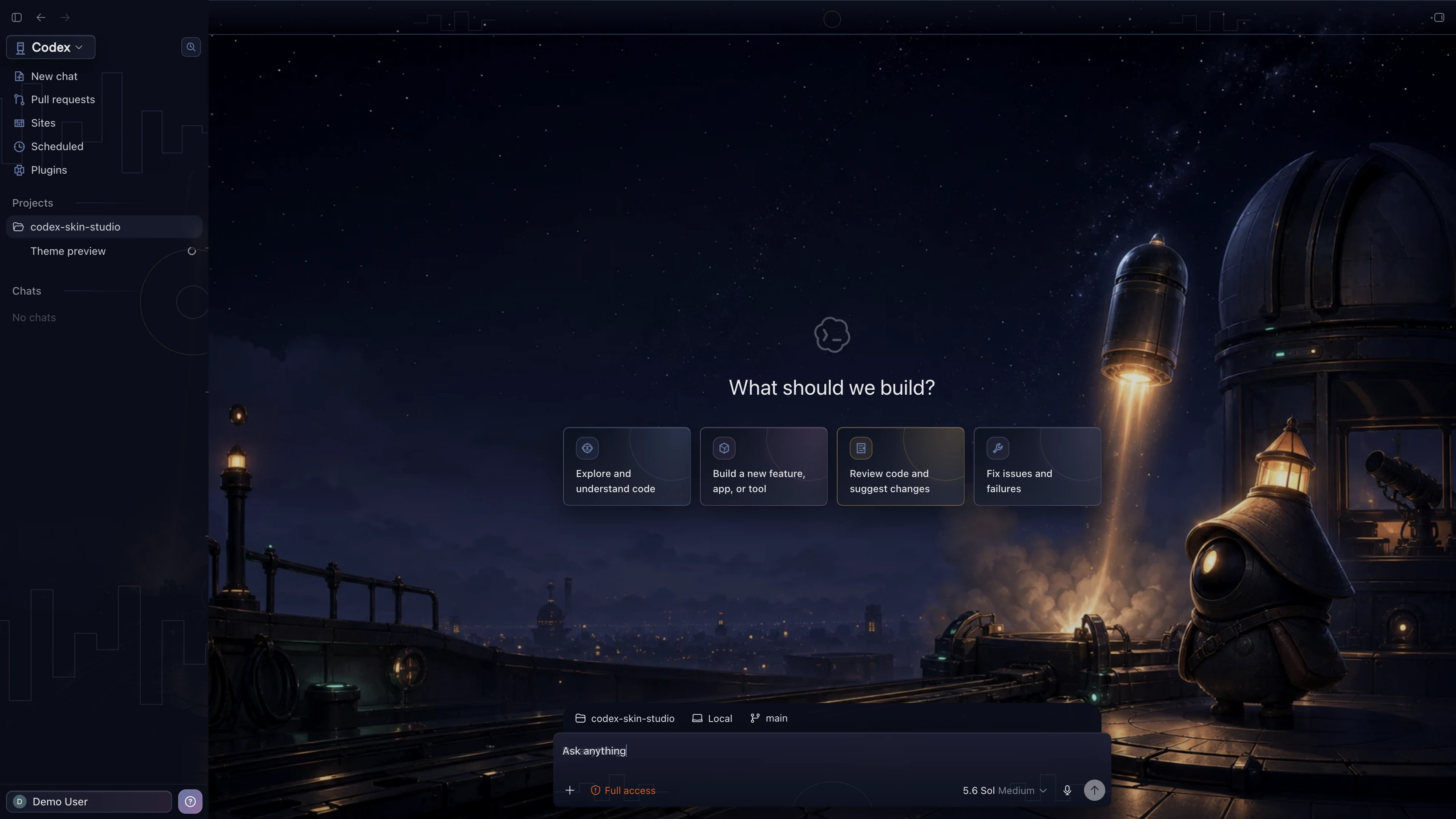 Release Night Watch theme shown in the Codex New Task interface