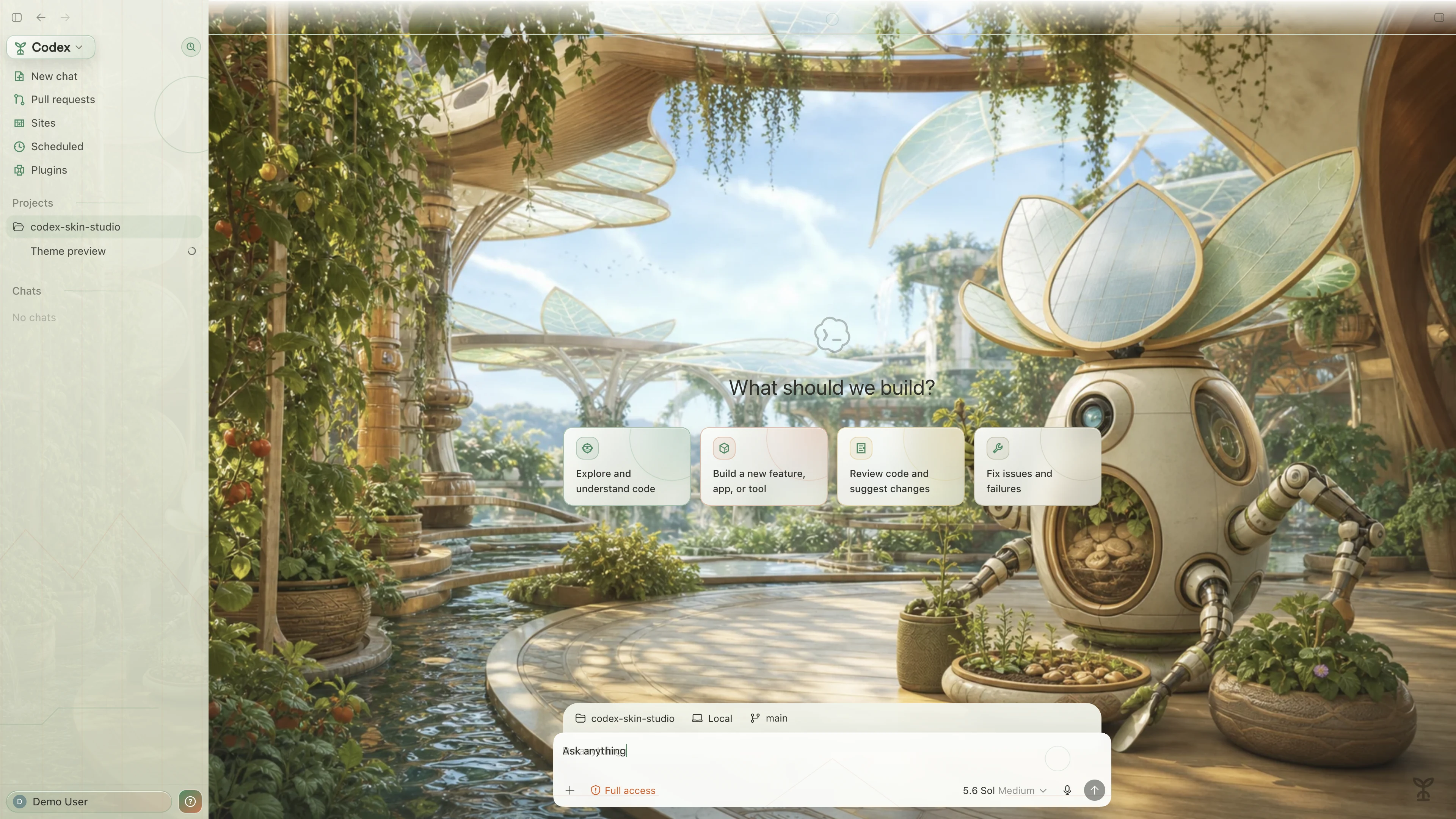 Solarpunk Commons theme shown in the Codex New Task interface