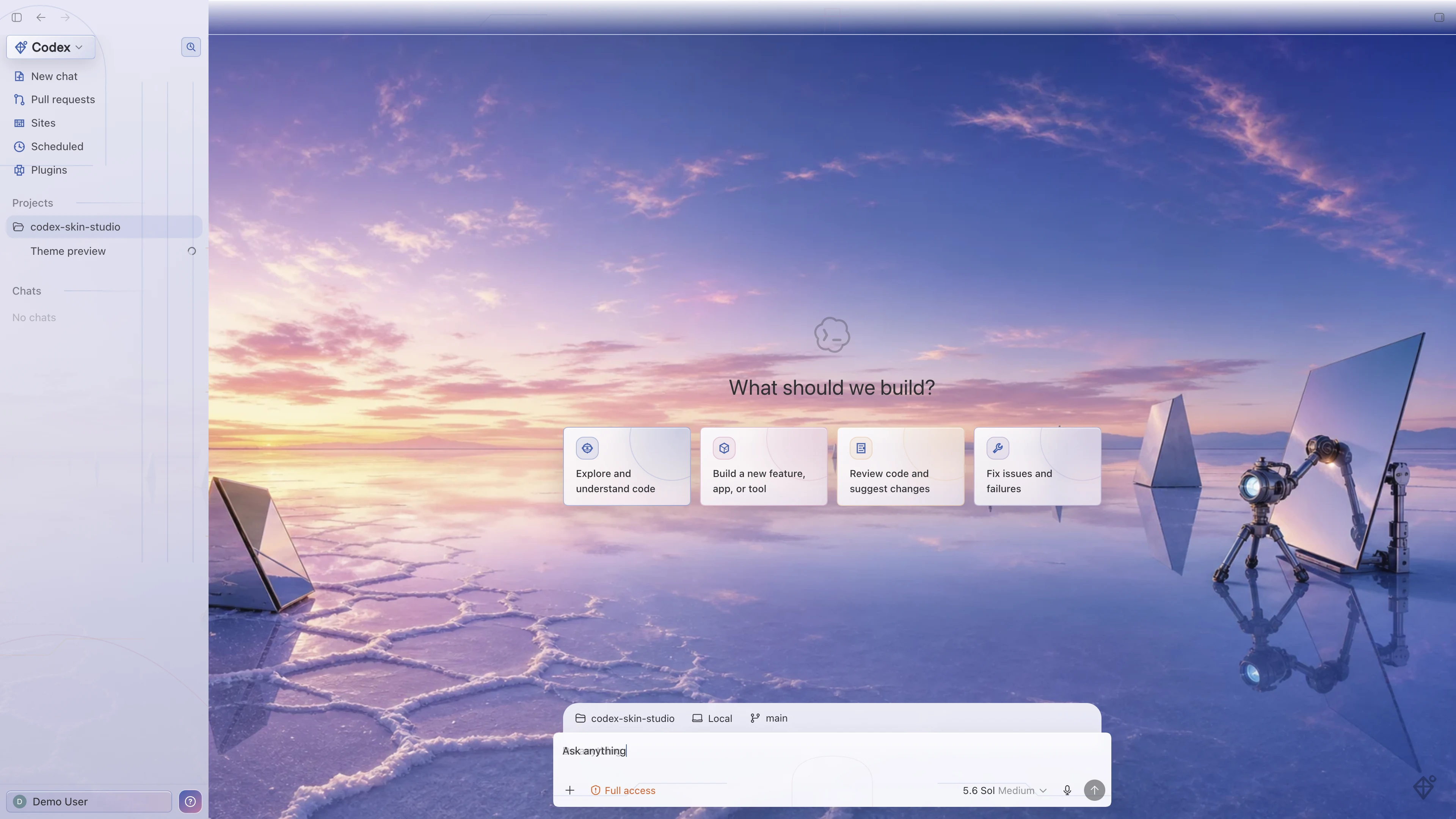 Uyuni Sky Calibrator theme shown in the Codex New Task interface