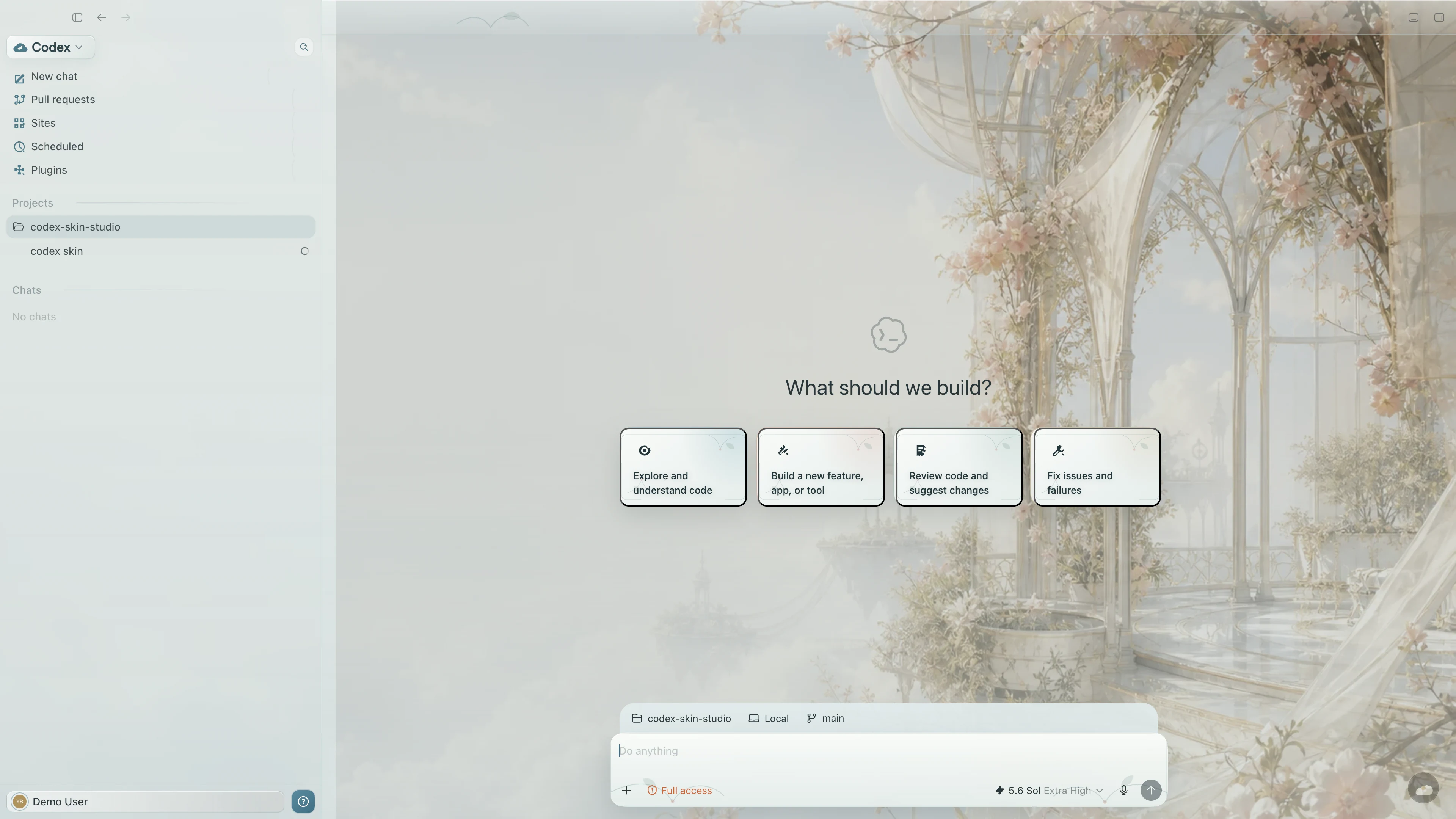 Cloud Garden Codex interface preview with privacy-safe fictional English demo content