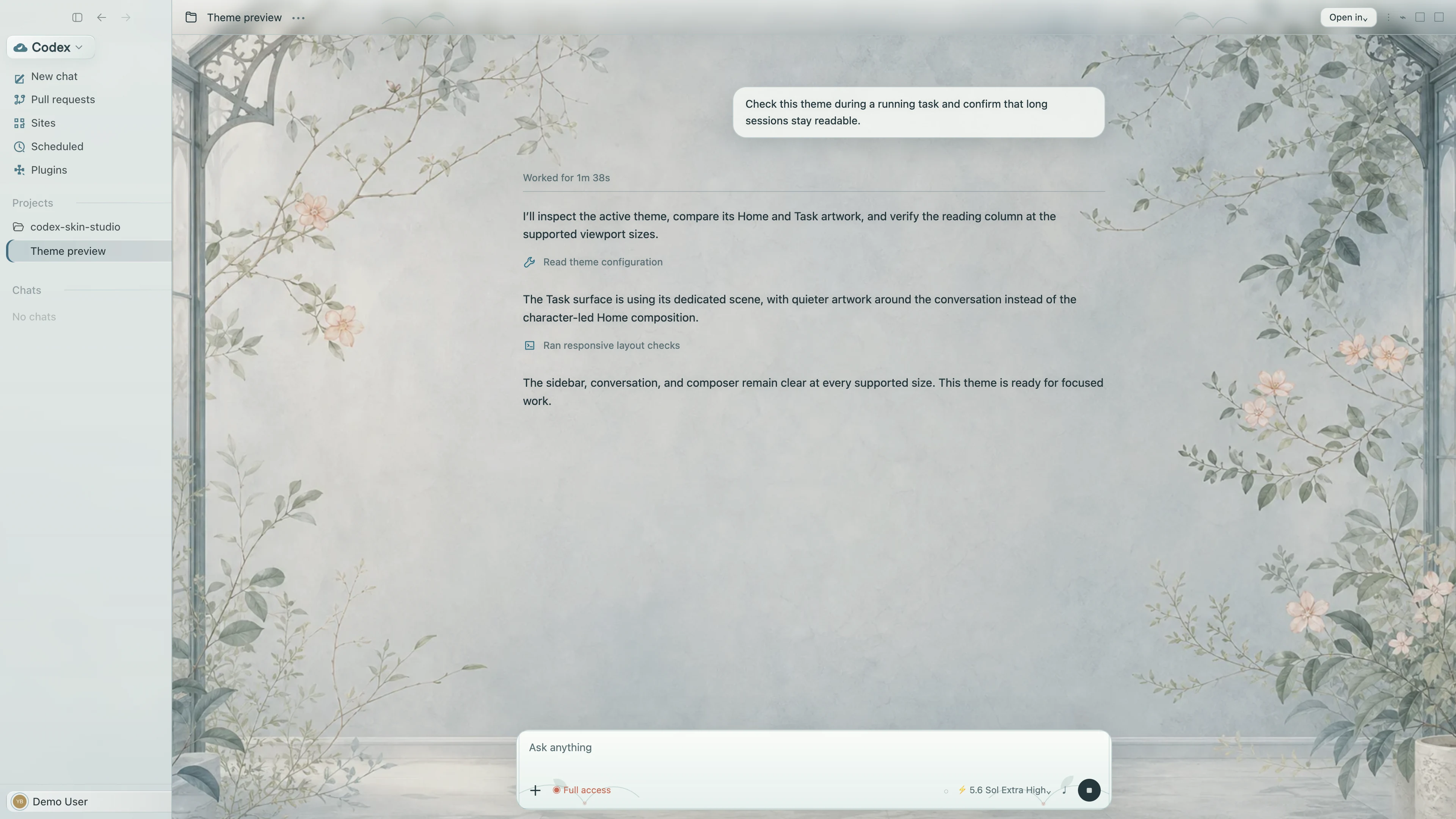 Cloud Garden Codex interface preview with privacy-safe fictional English demo content