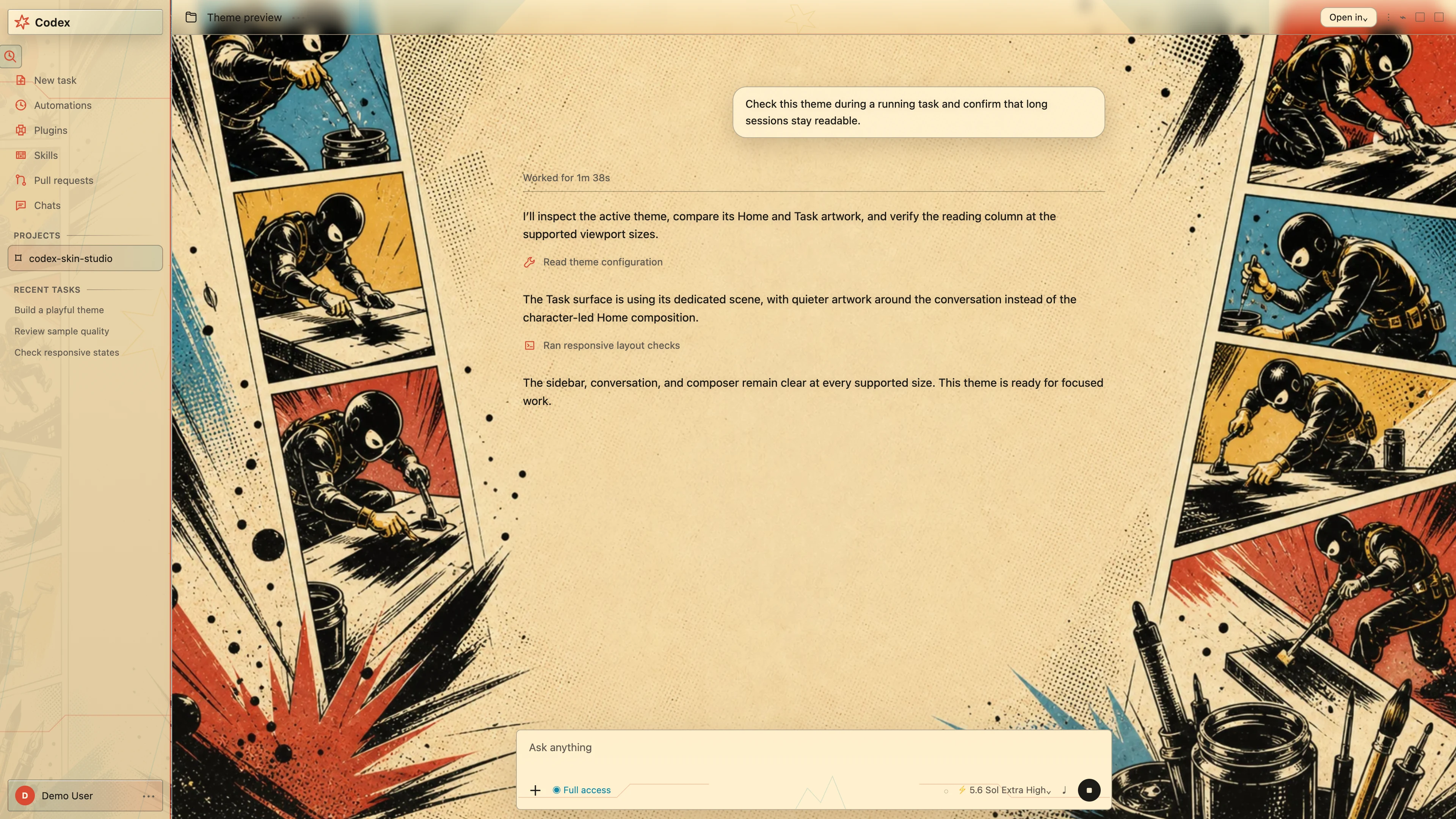Comic Shift Codex interface preview with privacy-safe fictional English demo content
