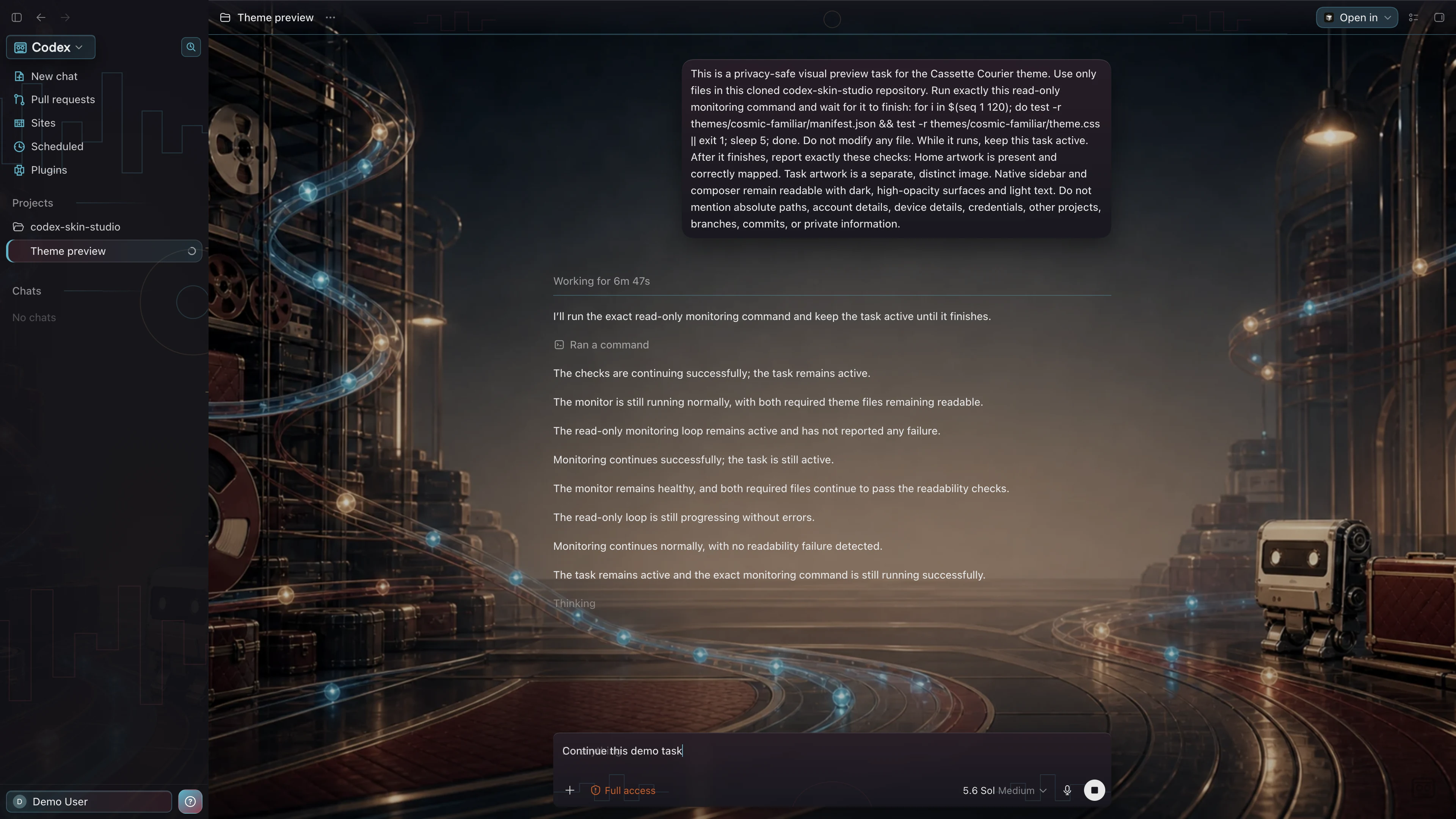 Cassette Courier Codex interface preview with privacy-safe fictional English demo content