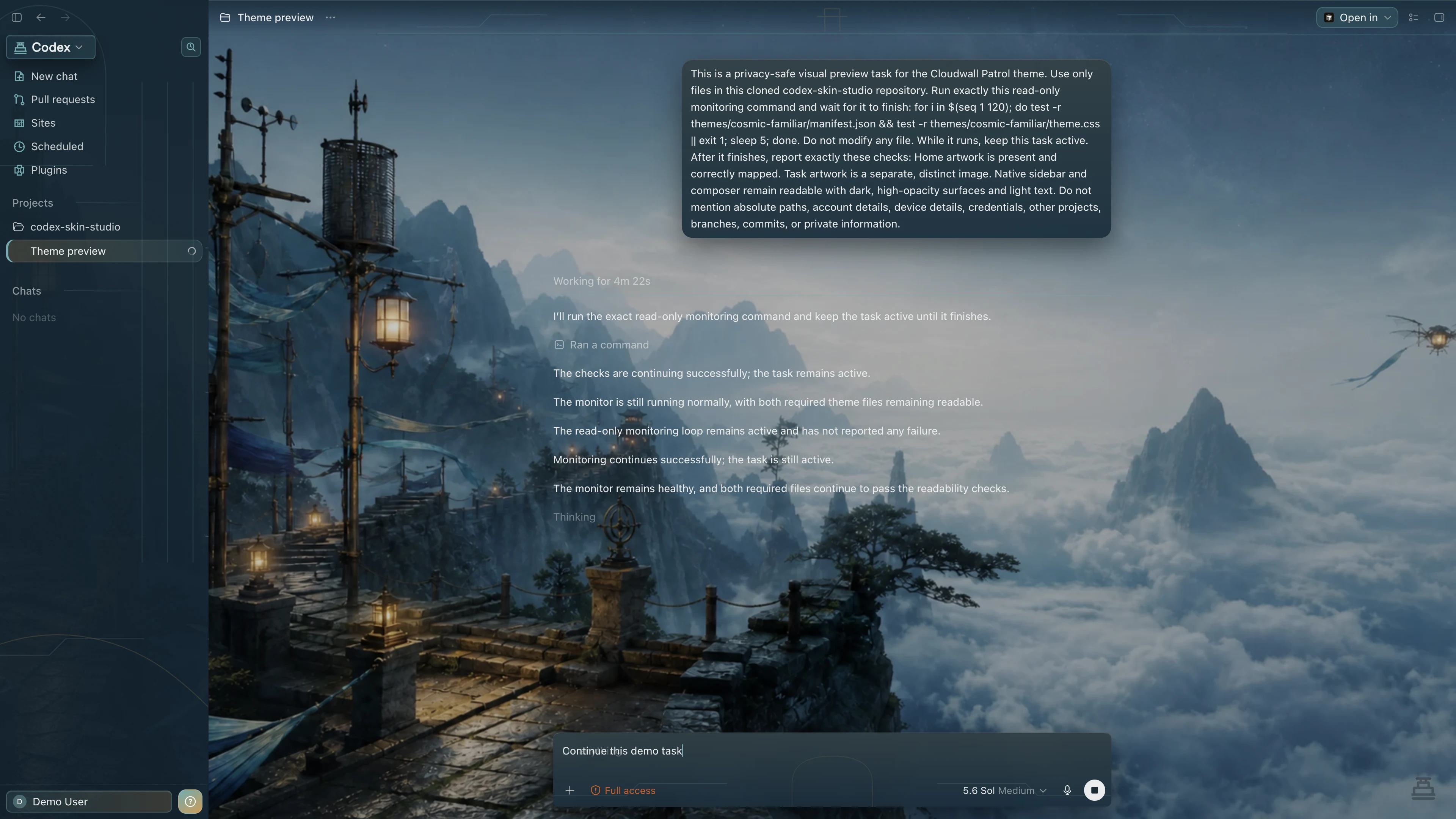 Cloudwall Patrol Codex interface preview with privacy-safe fictional English demo content