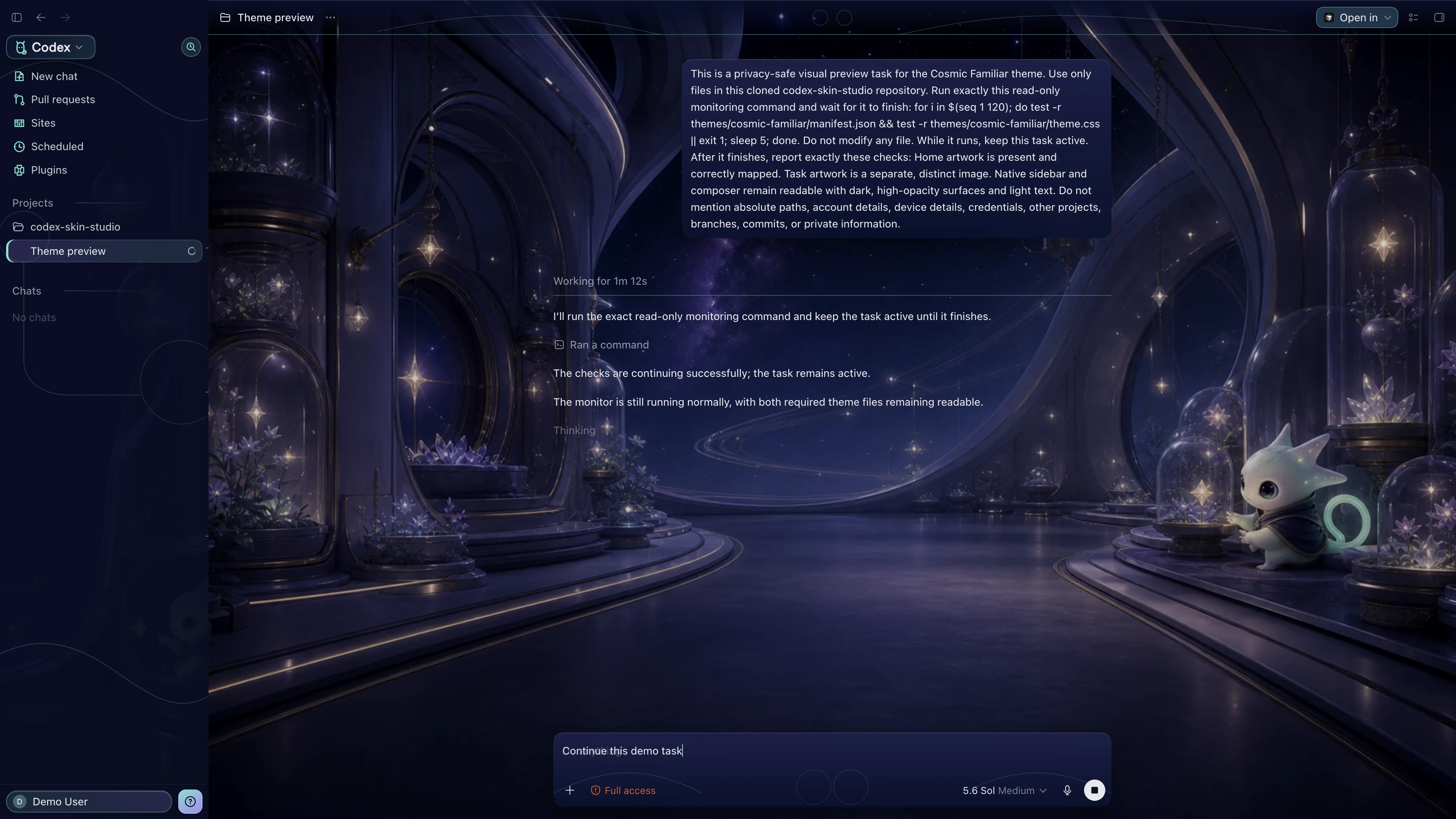 Cosmic Familiar Codex interface preview with privacy-safe fictional English demo content