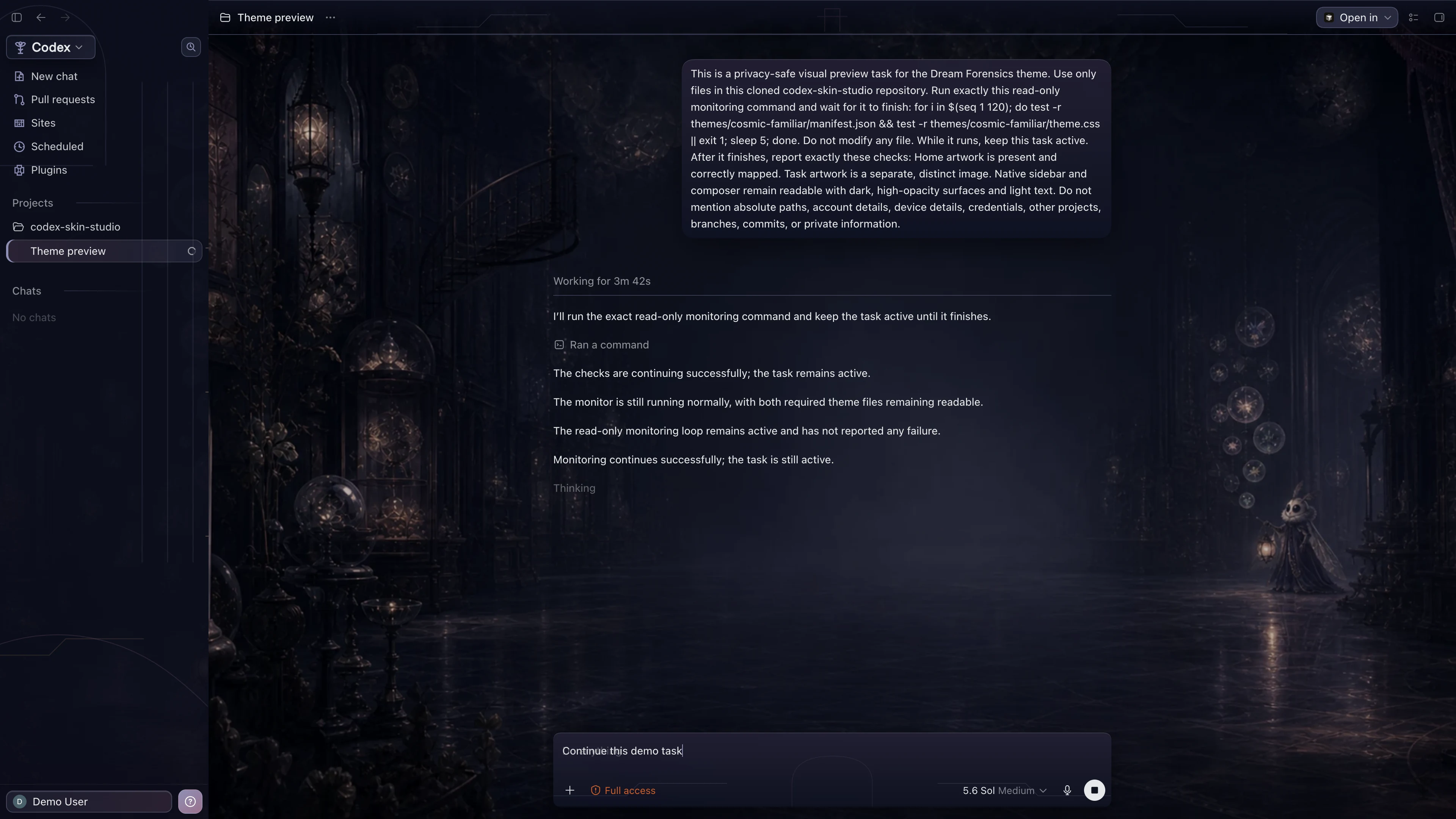 Dream Forensics Codex interface preview with privacy-safe fictional English demo content