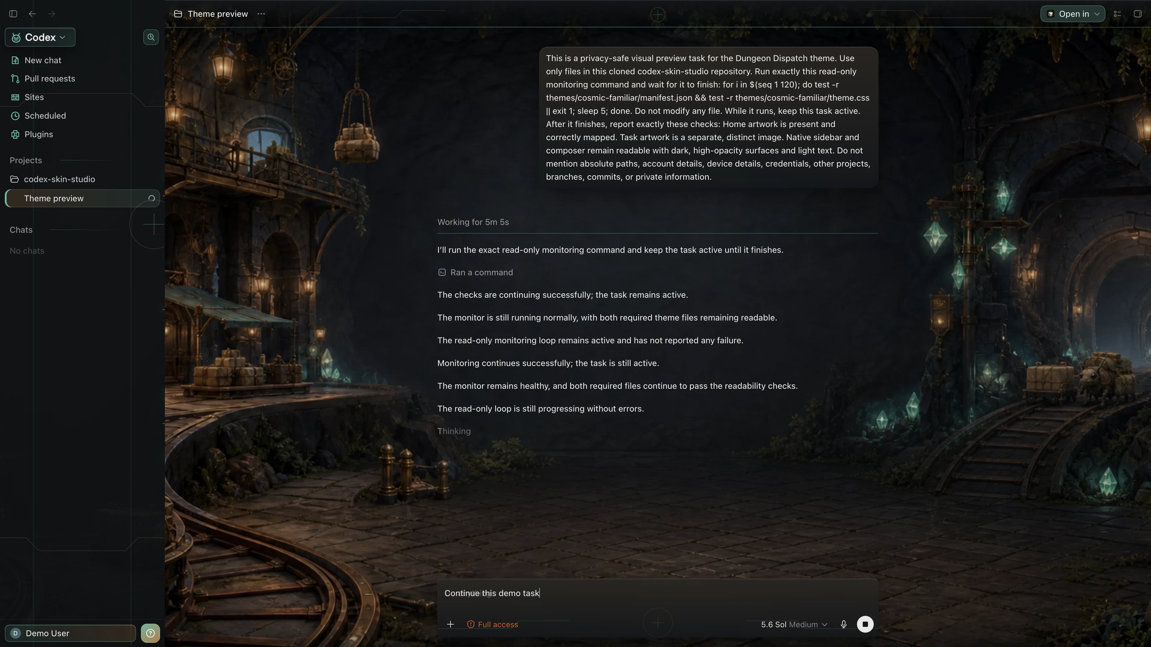 Dungeon Dispatch Codex interface preview with privacy-safe fictional English demo content