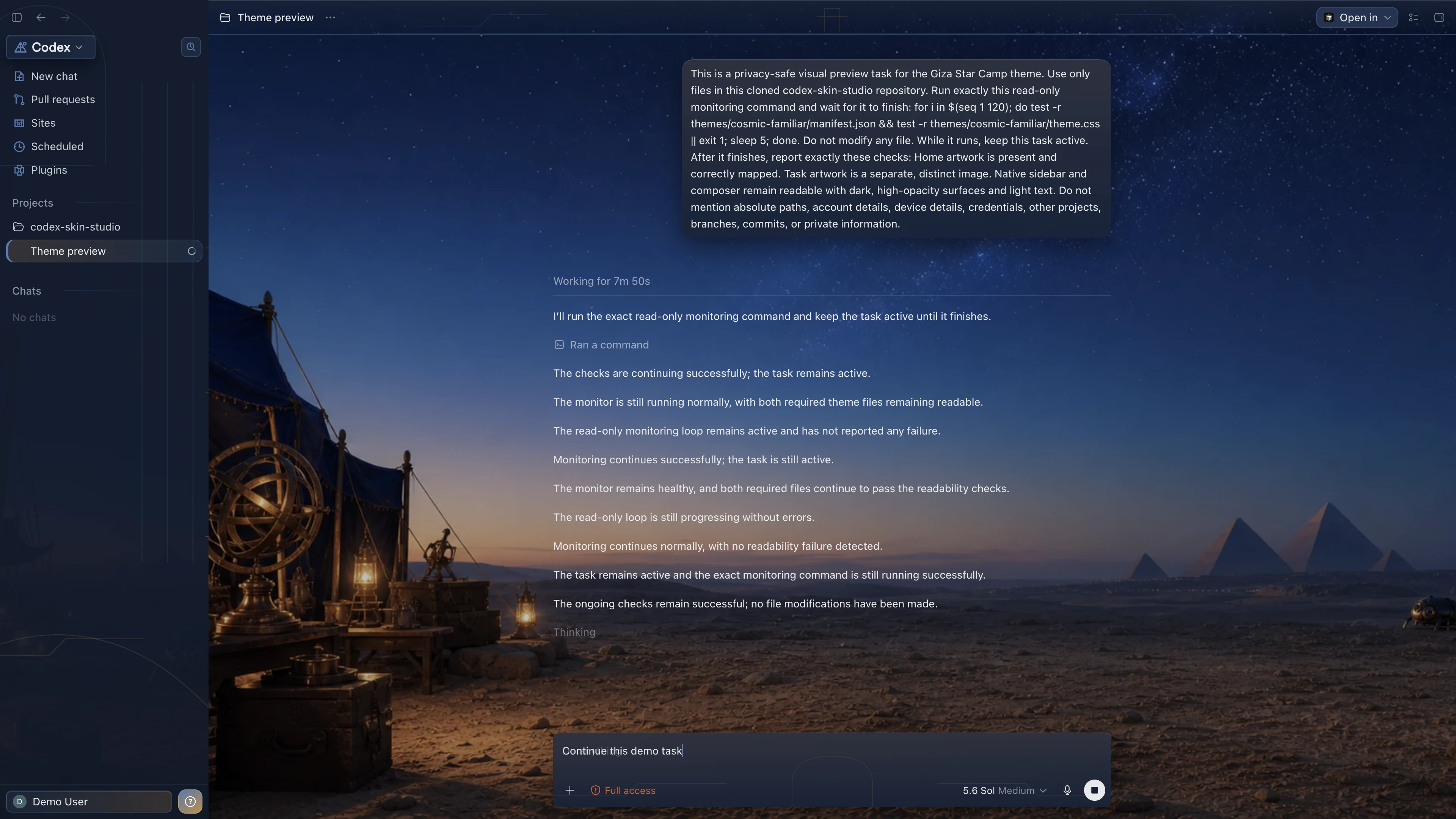 Giza Star Camp Codex interface preview with privacy-safe fictional English demo content