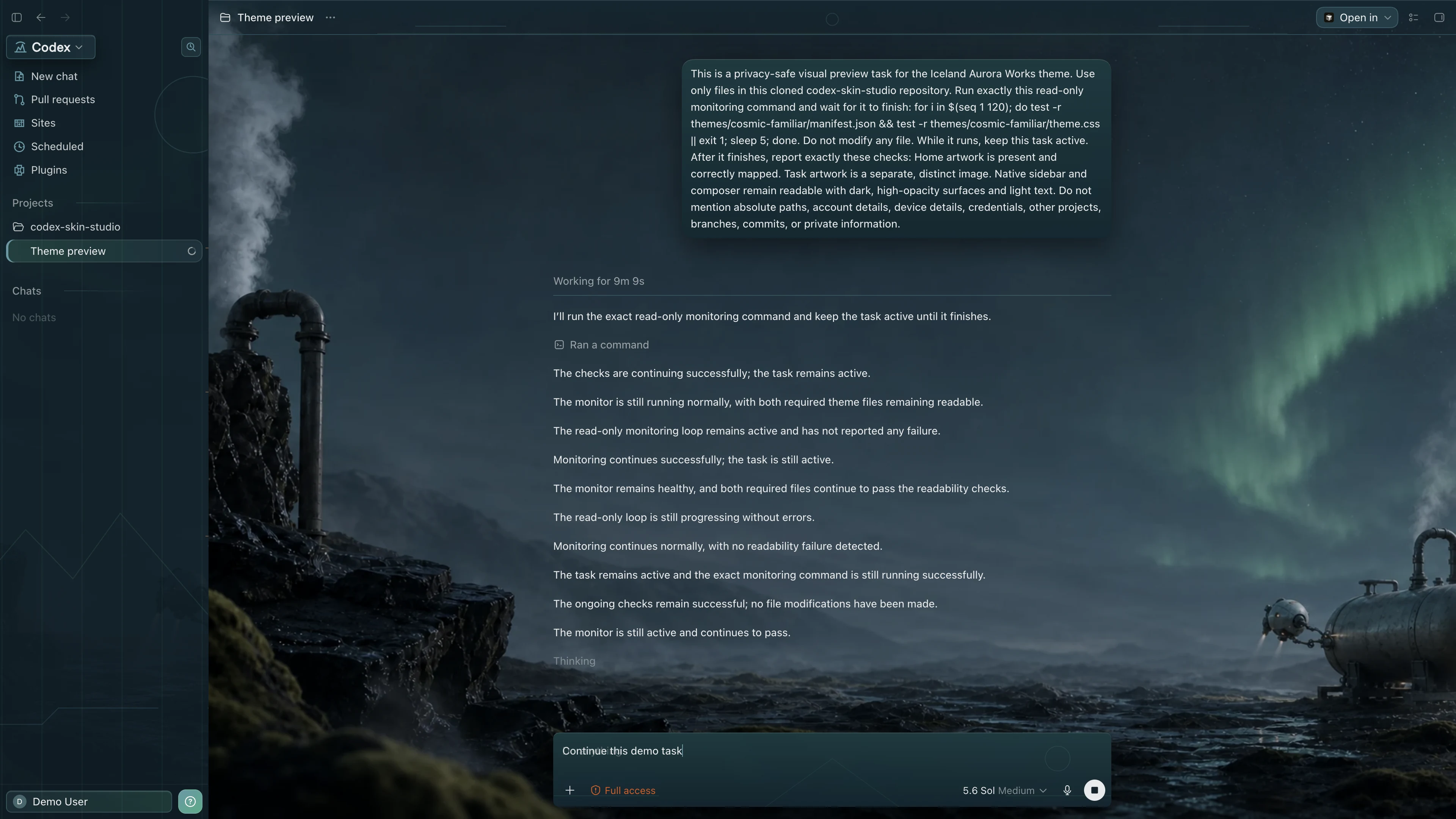 Iceland Aurora Works Codex interface preview with privacy-safe fictional English demo content