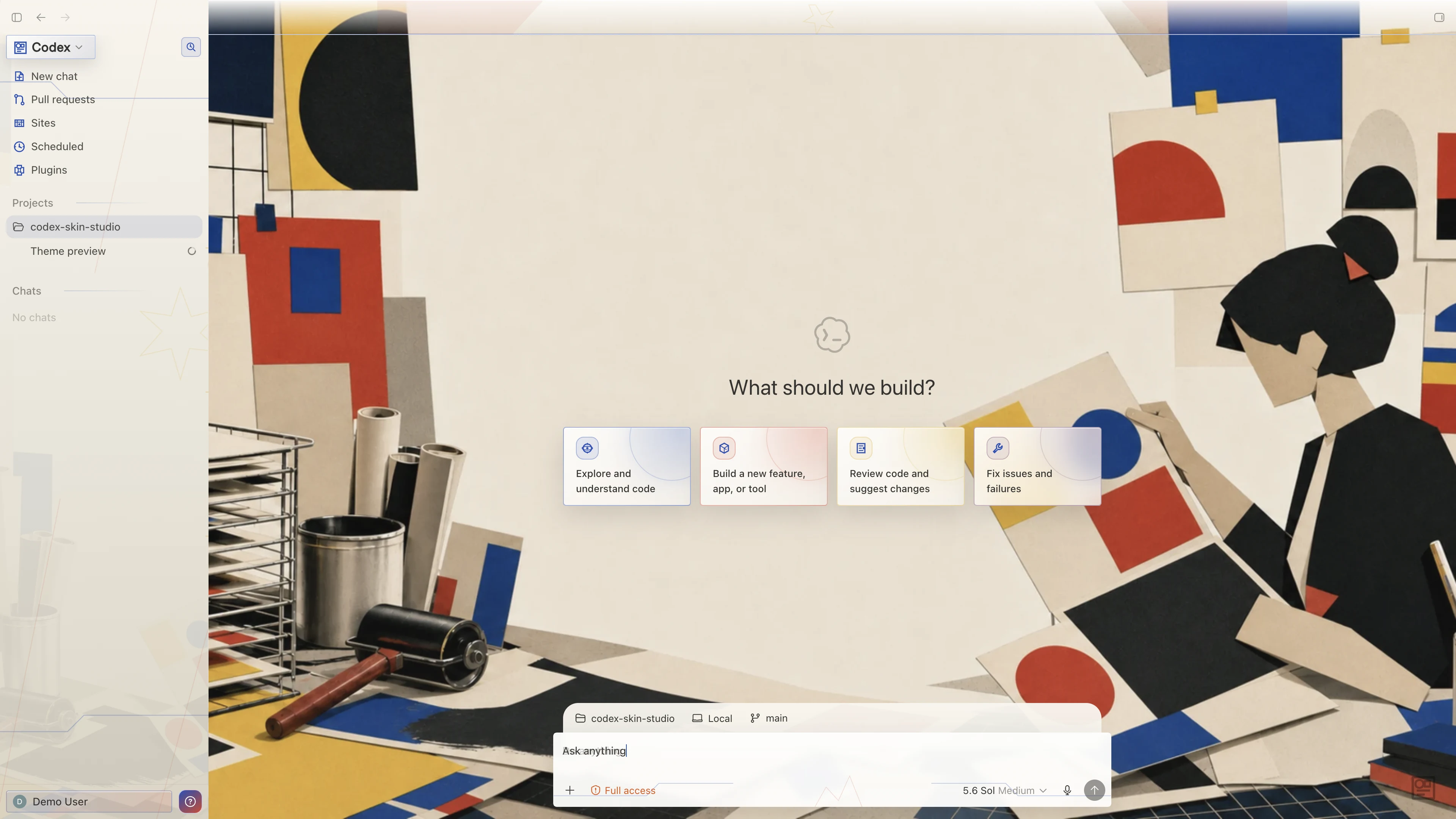Indie Zine Office Codex interface preview with privacy-safe fictional English demo content