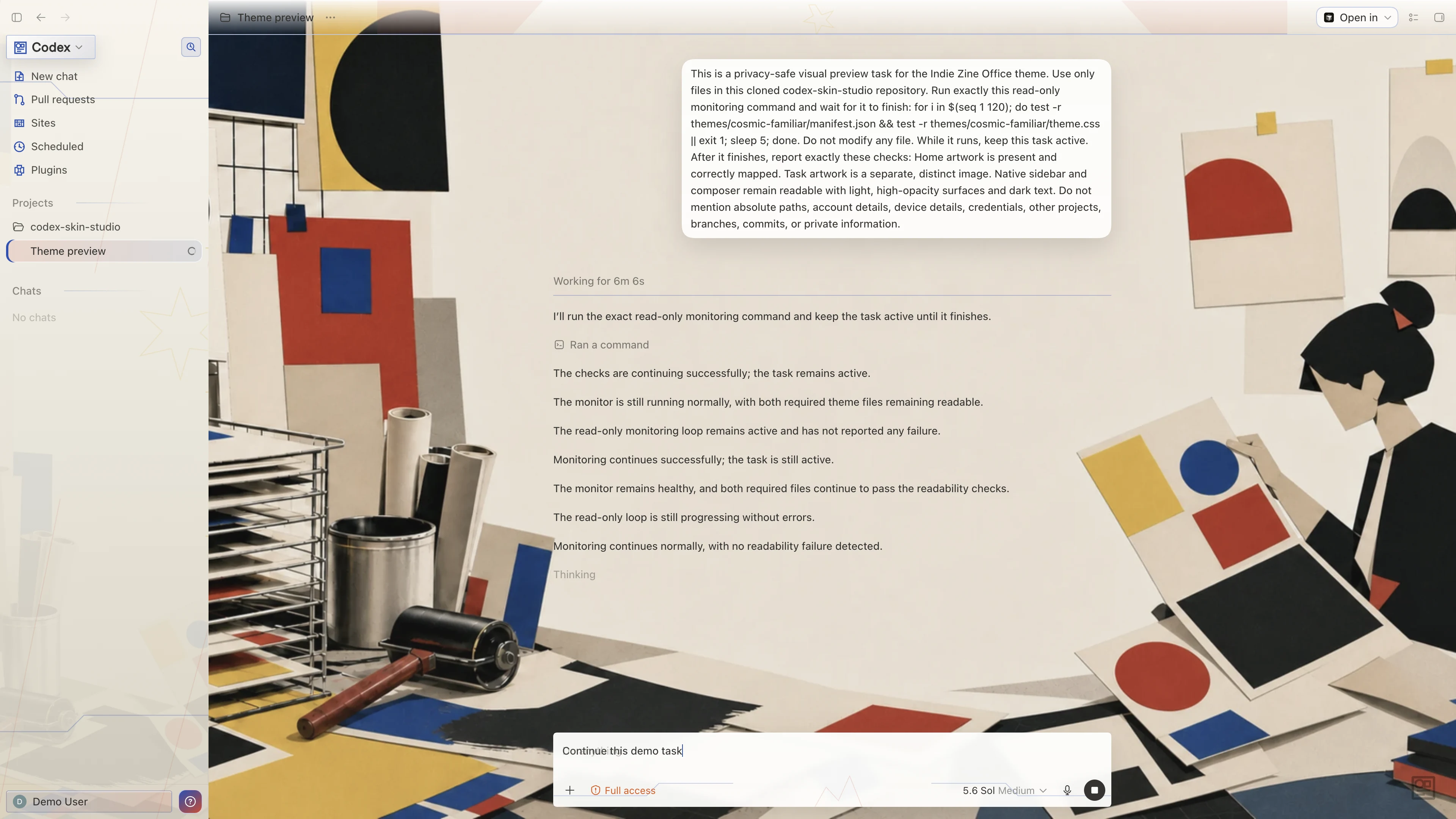 Indie Zine Office Codex interface preview with privacy-safe fictional English demo content