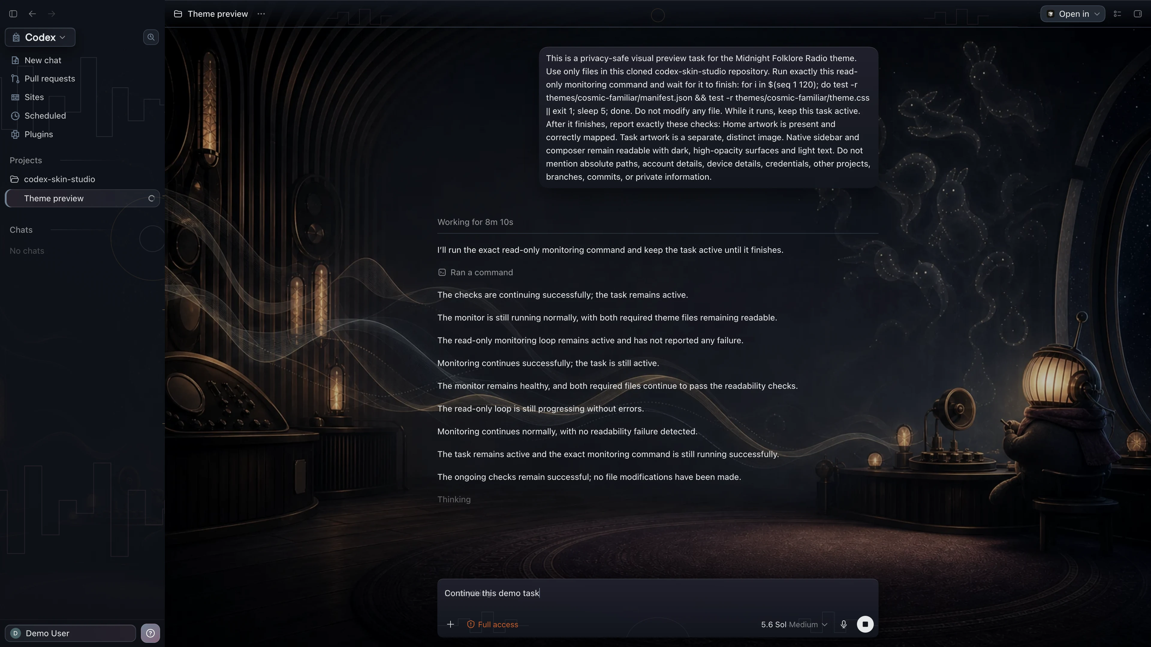 Midnight Folklore Radio Codex interface preview with privacy-safe fictional English demo content