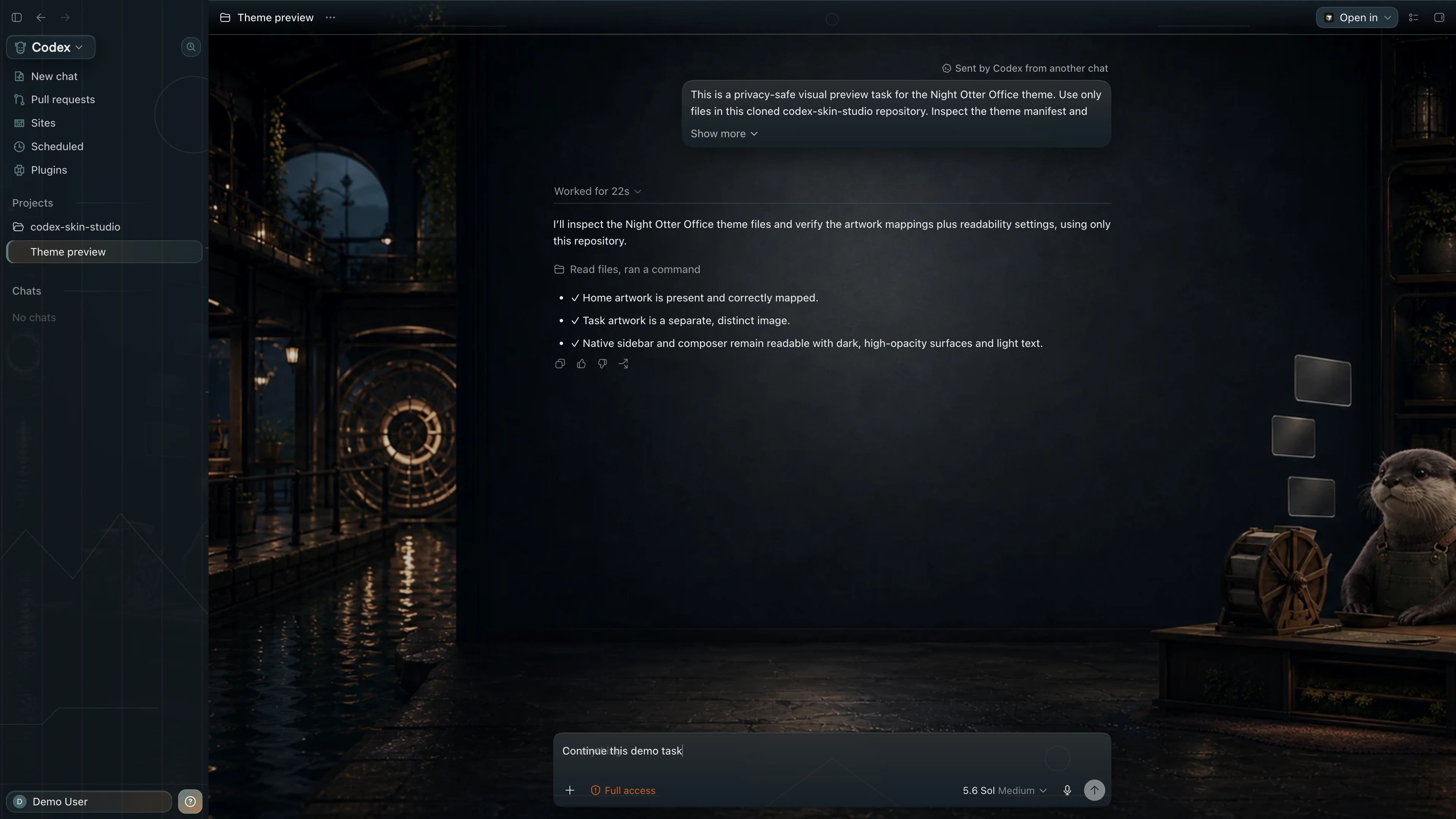 Night Otter Office Codex interface preview with privacy-safe fictional English demo content