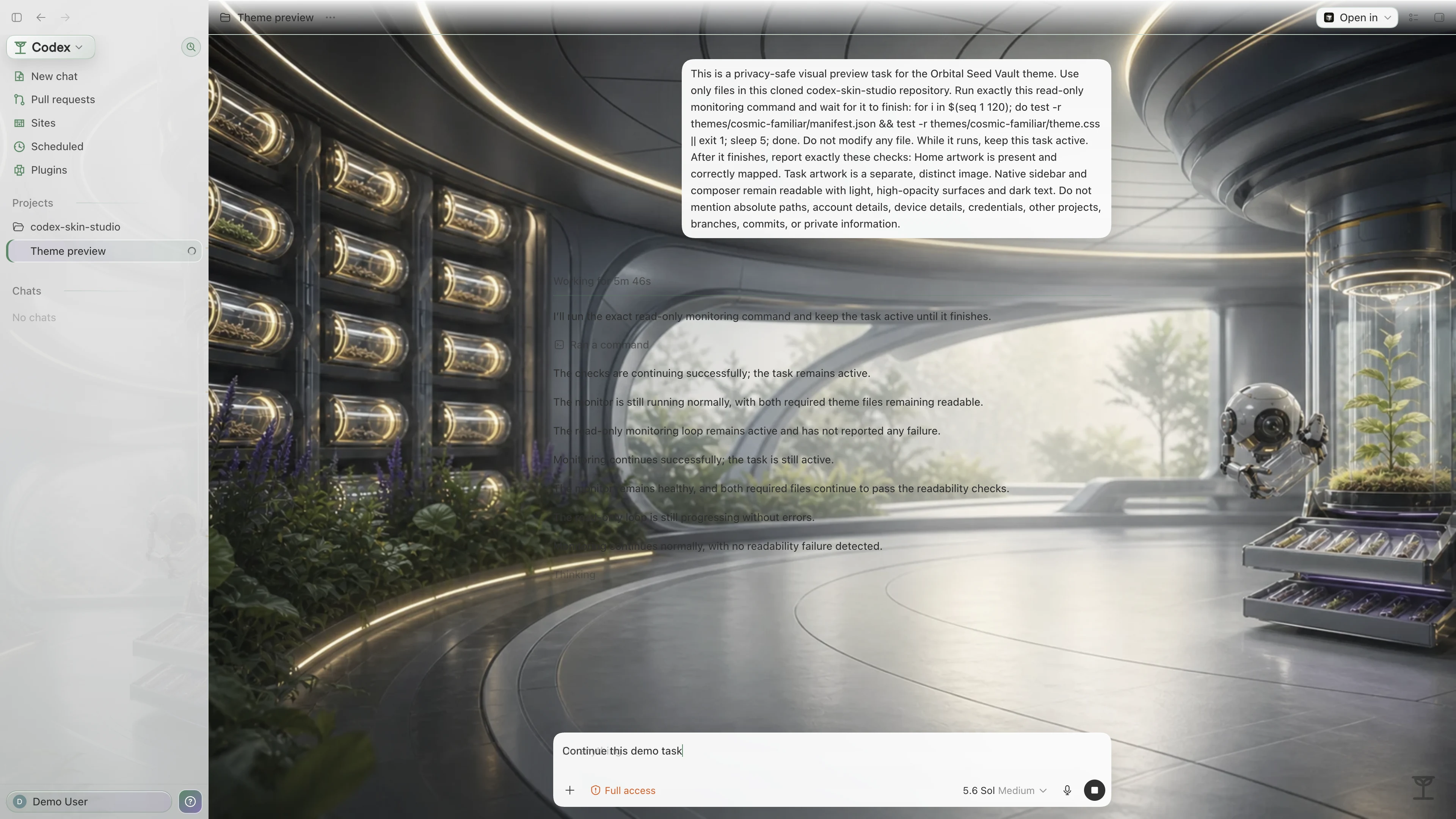 Orbital Seed Vault Codex interface preview with privacy-safe fictional English demo content