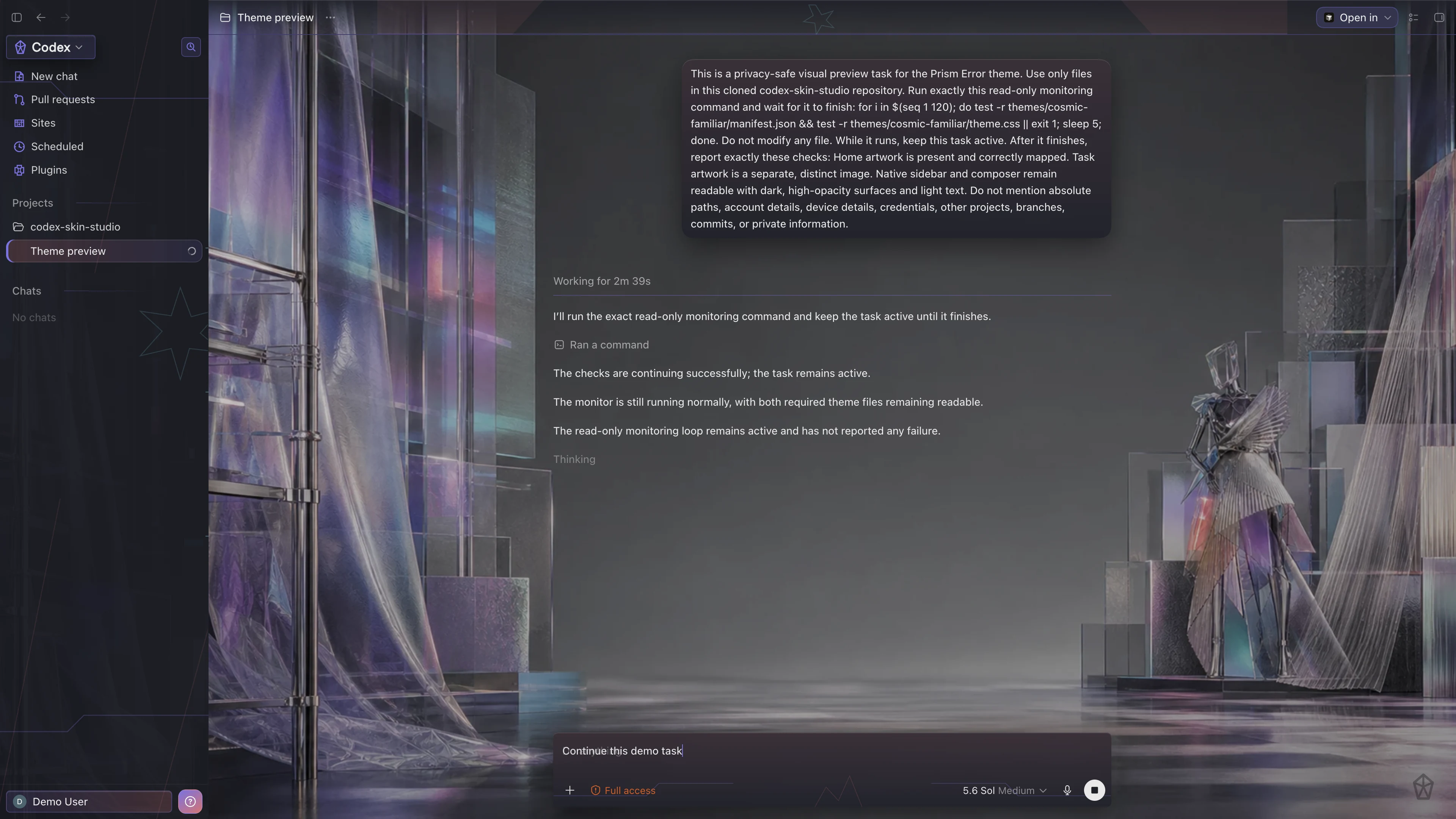 Prism Error Codex interface preview with privacy-safe fictional English demo content