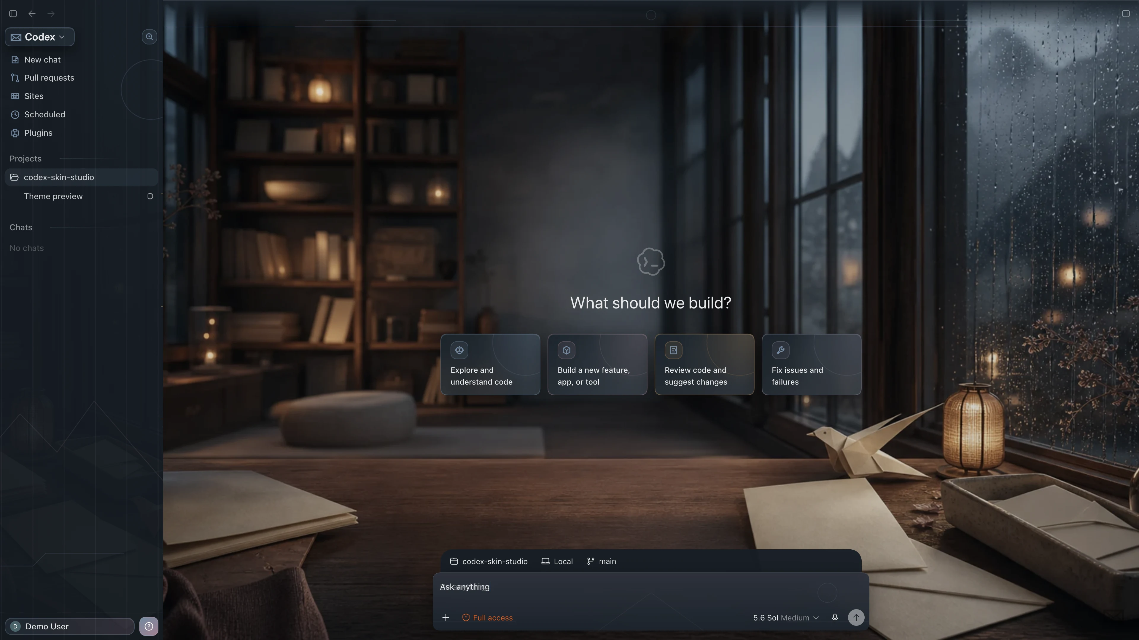 Rain Letter House Codex interface preview with privacy-safe fictional English demo content