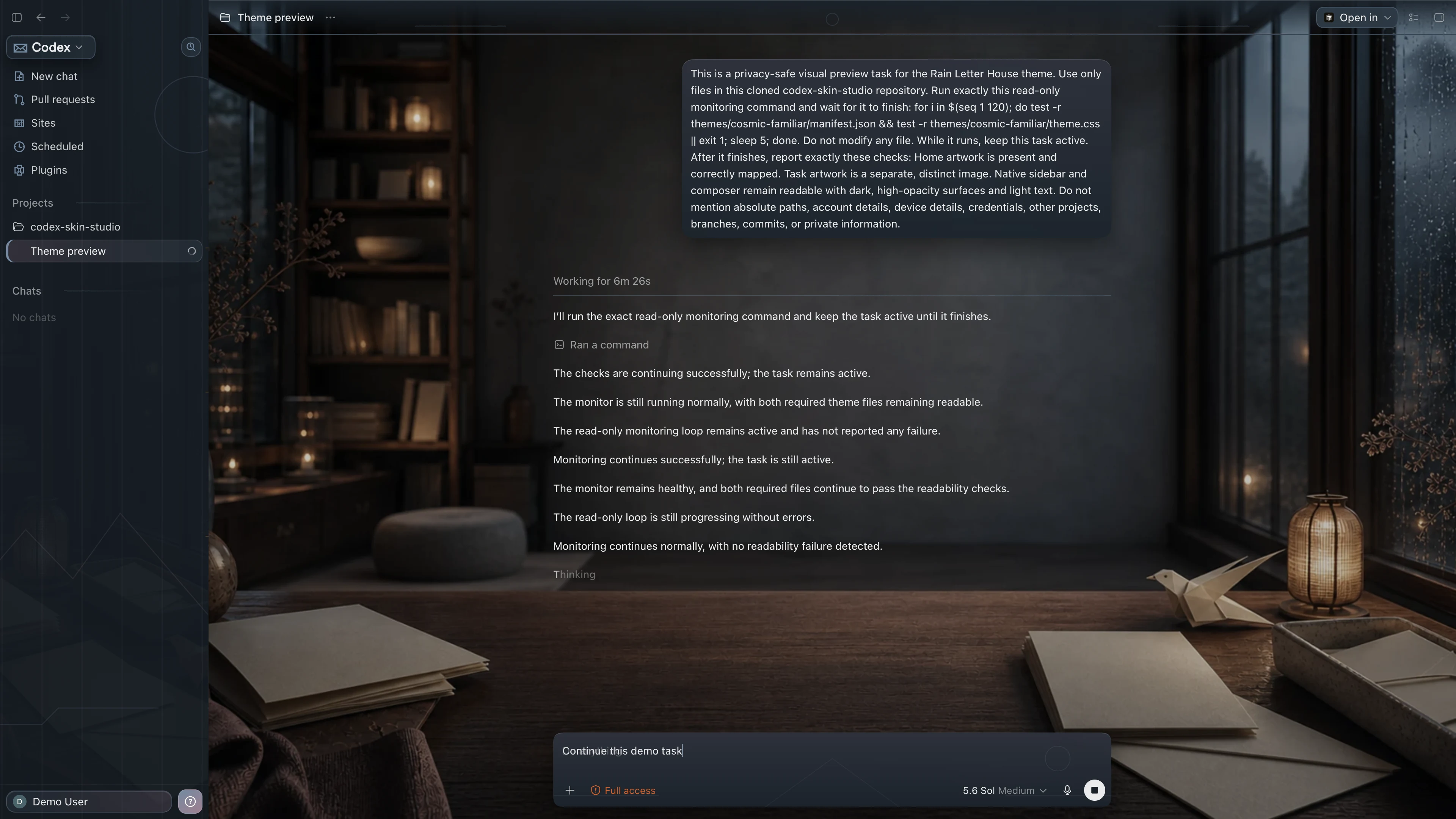 Rain Letter House Codex interface preview with privacy-safe fictional English demo content