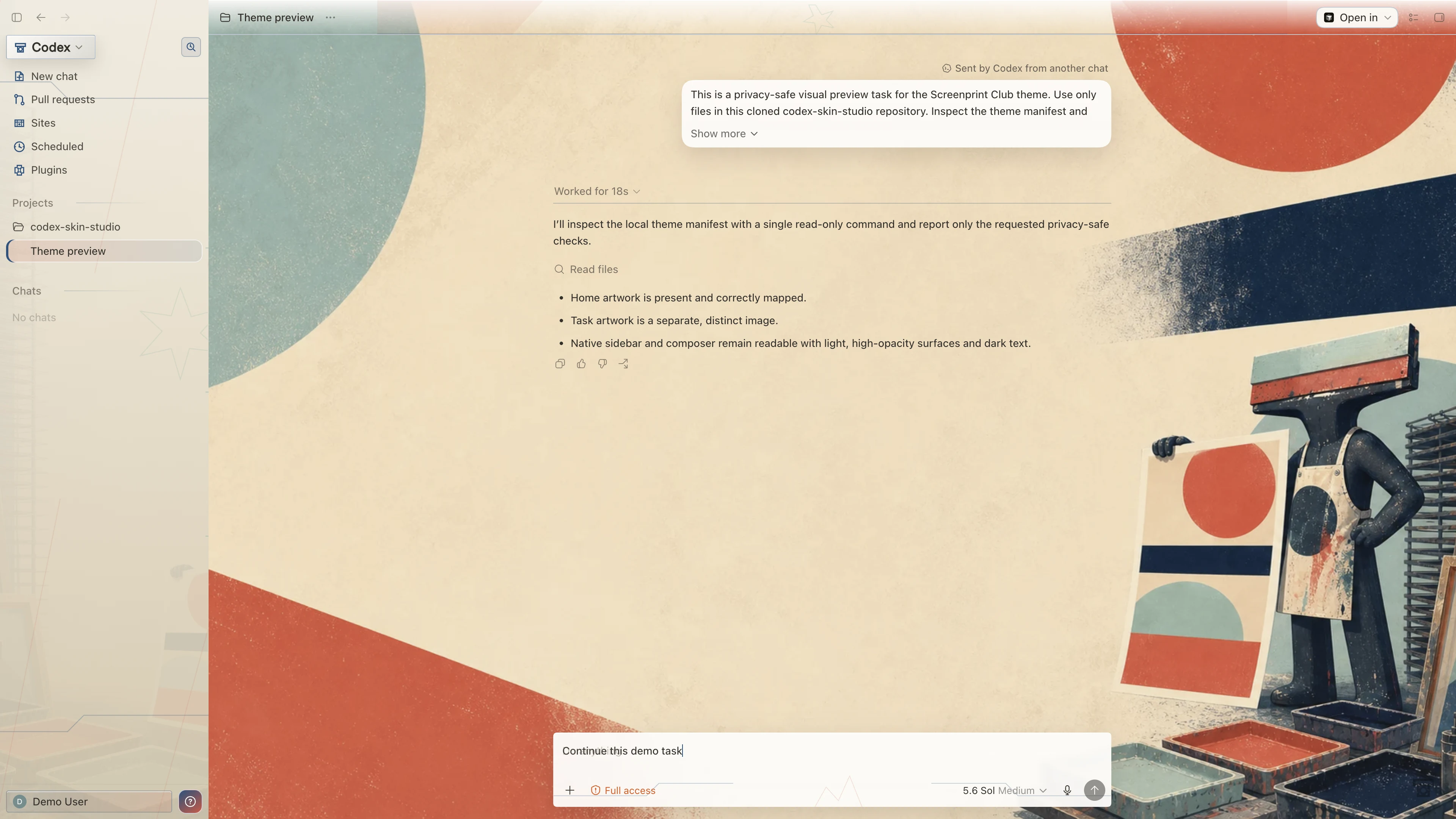 Screenprint Club Codex interface preview with privacy-safe fictional English demo content