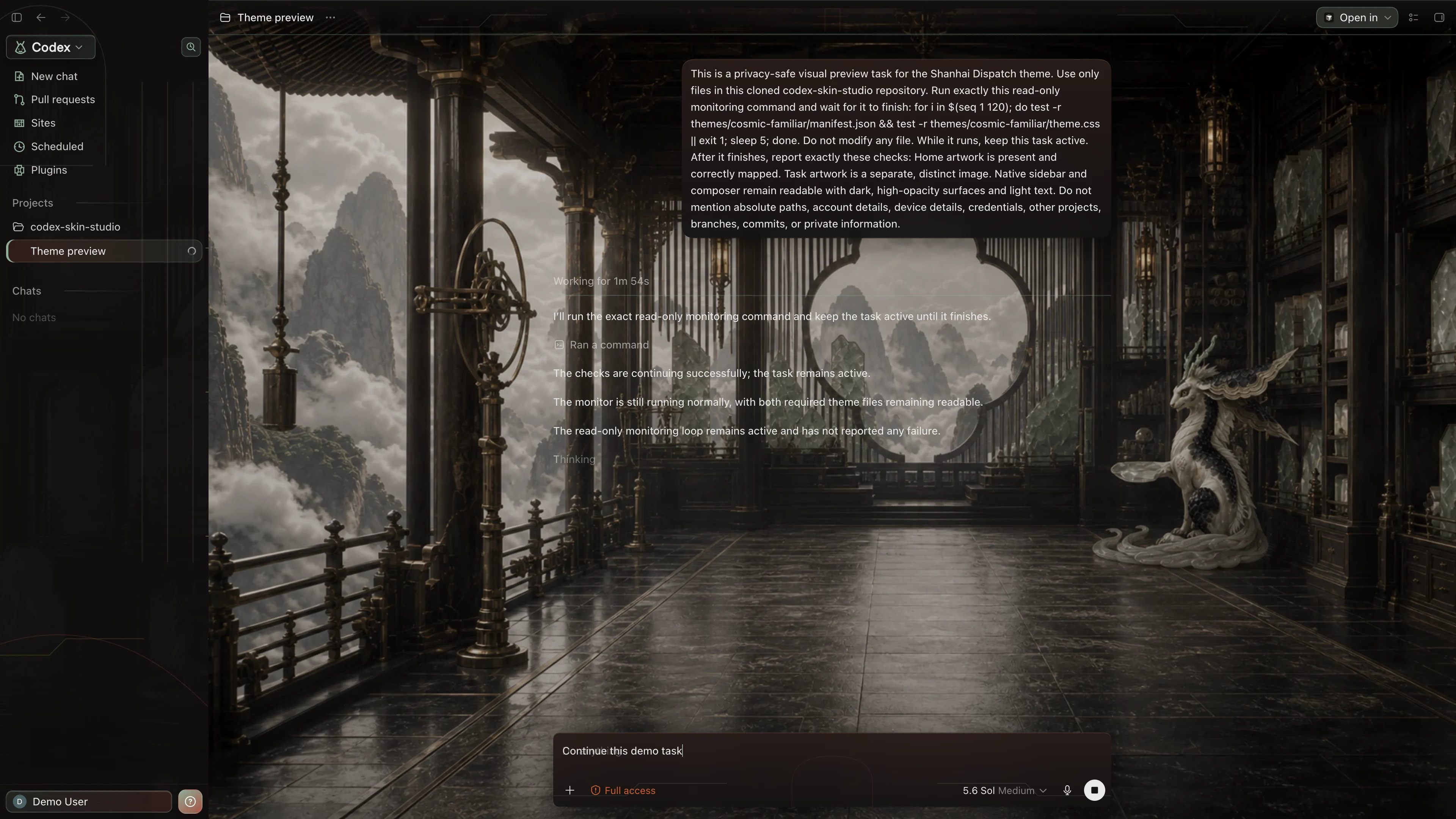 Shanhai Dispatch Codex interface preview with privacy-safe fictional English demo content