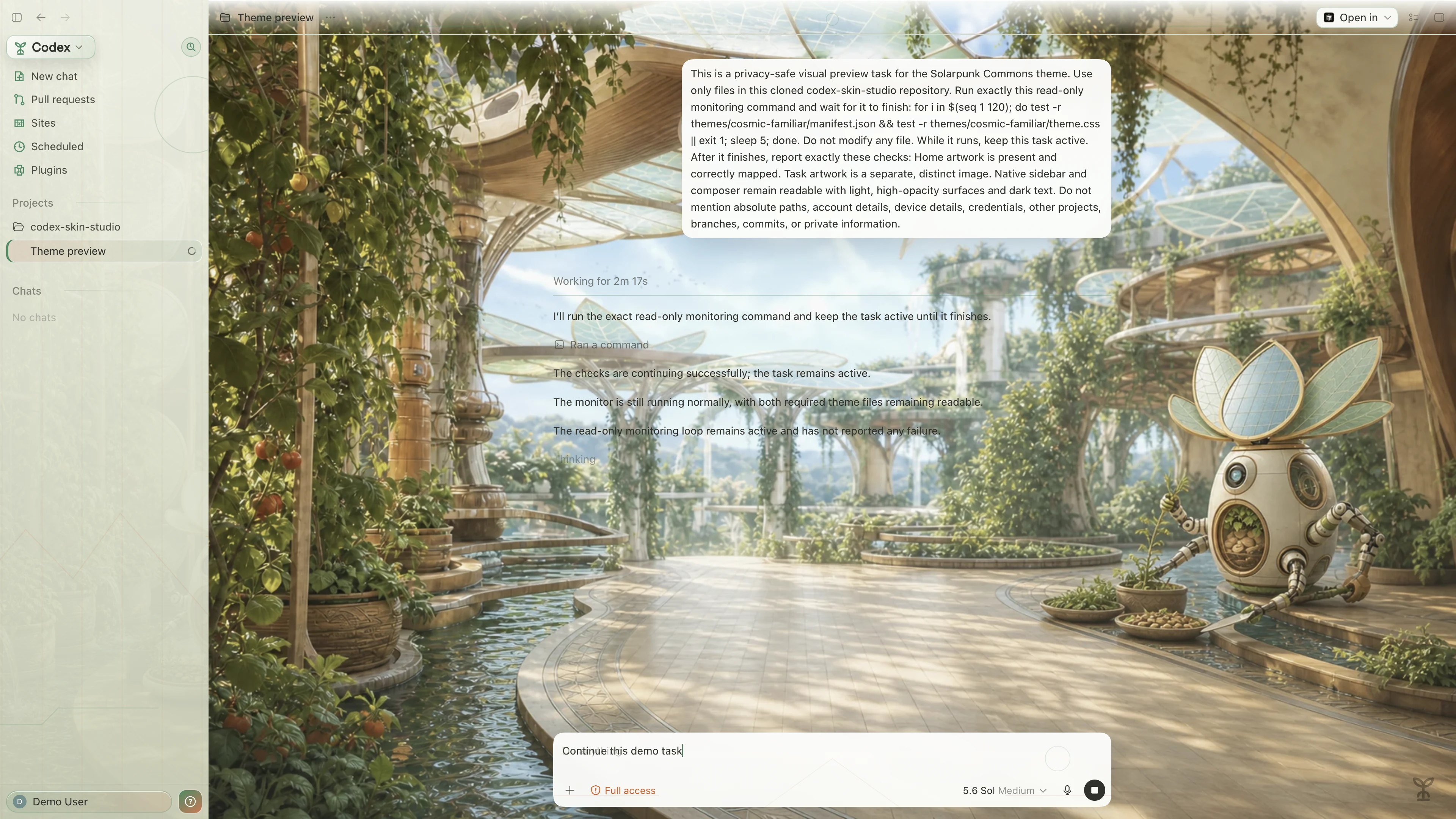 Solarpunk Commons Codex interface preview with privacy-safe fictional English demo content