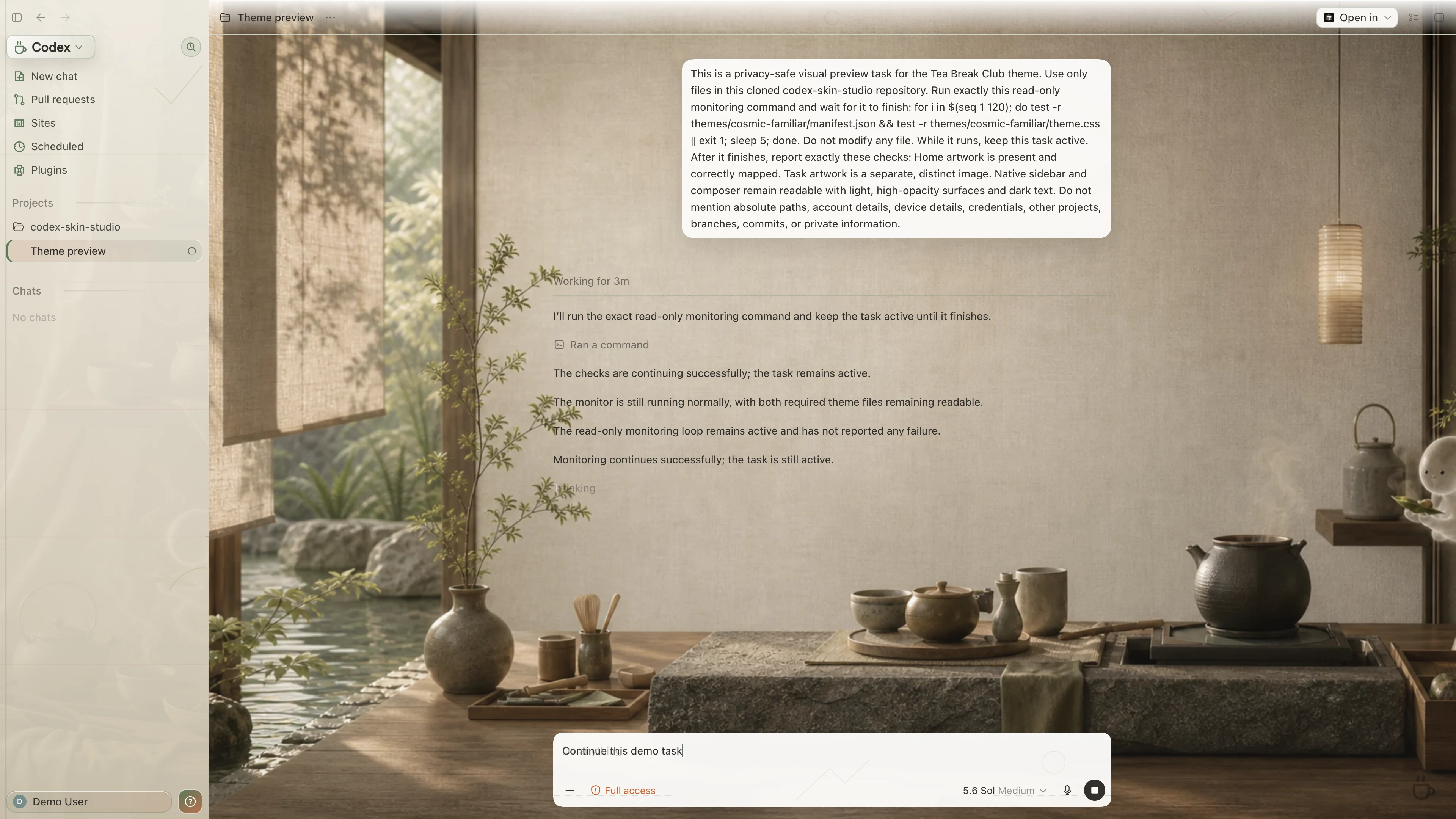 Tea Break Club Codex interface preview with privacy-safe fictional English demo content