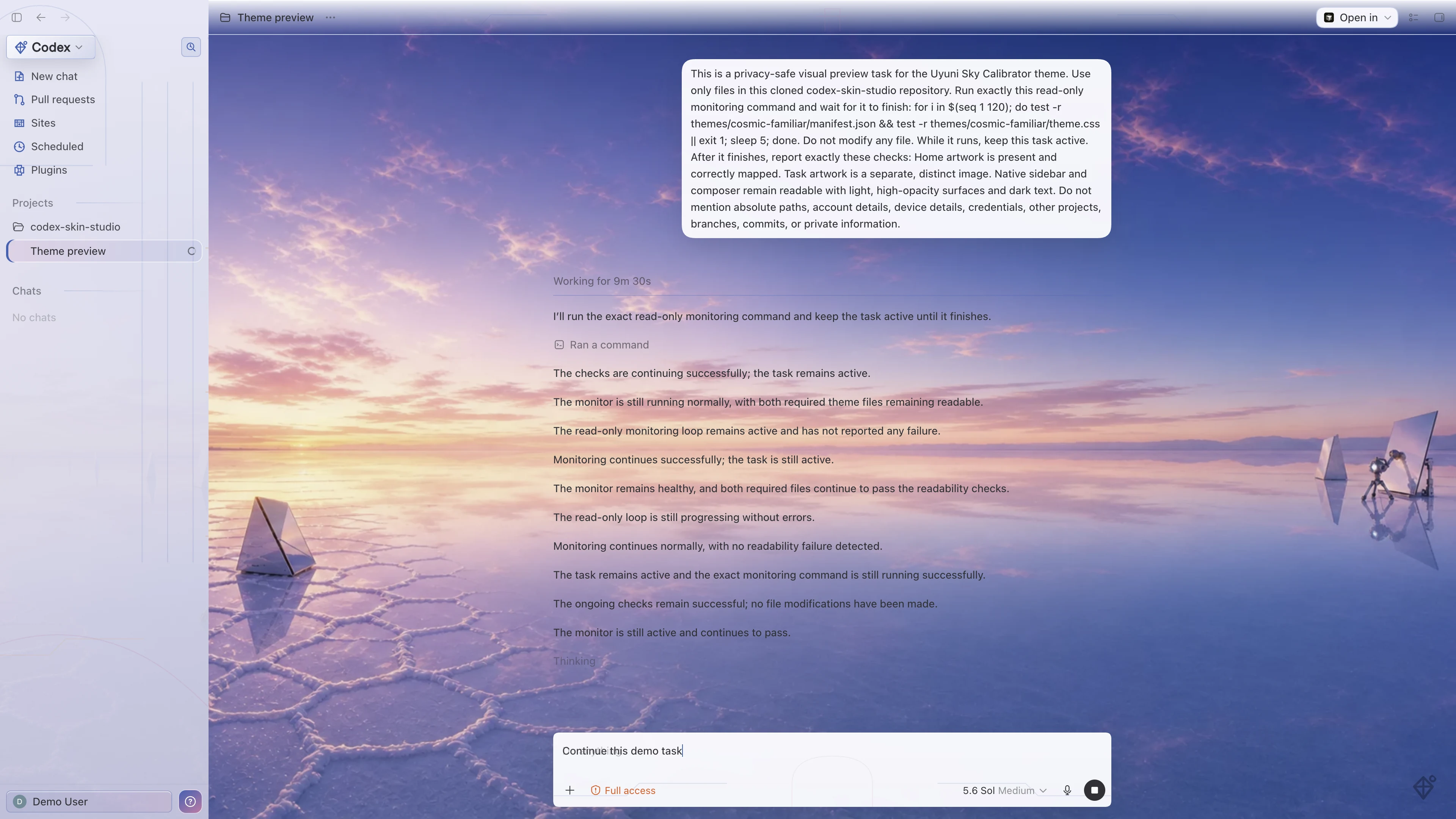 Uyuni Sky Calibrator Codex interface preview with privacy-safe fictional English demo content
