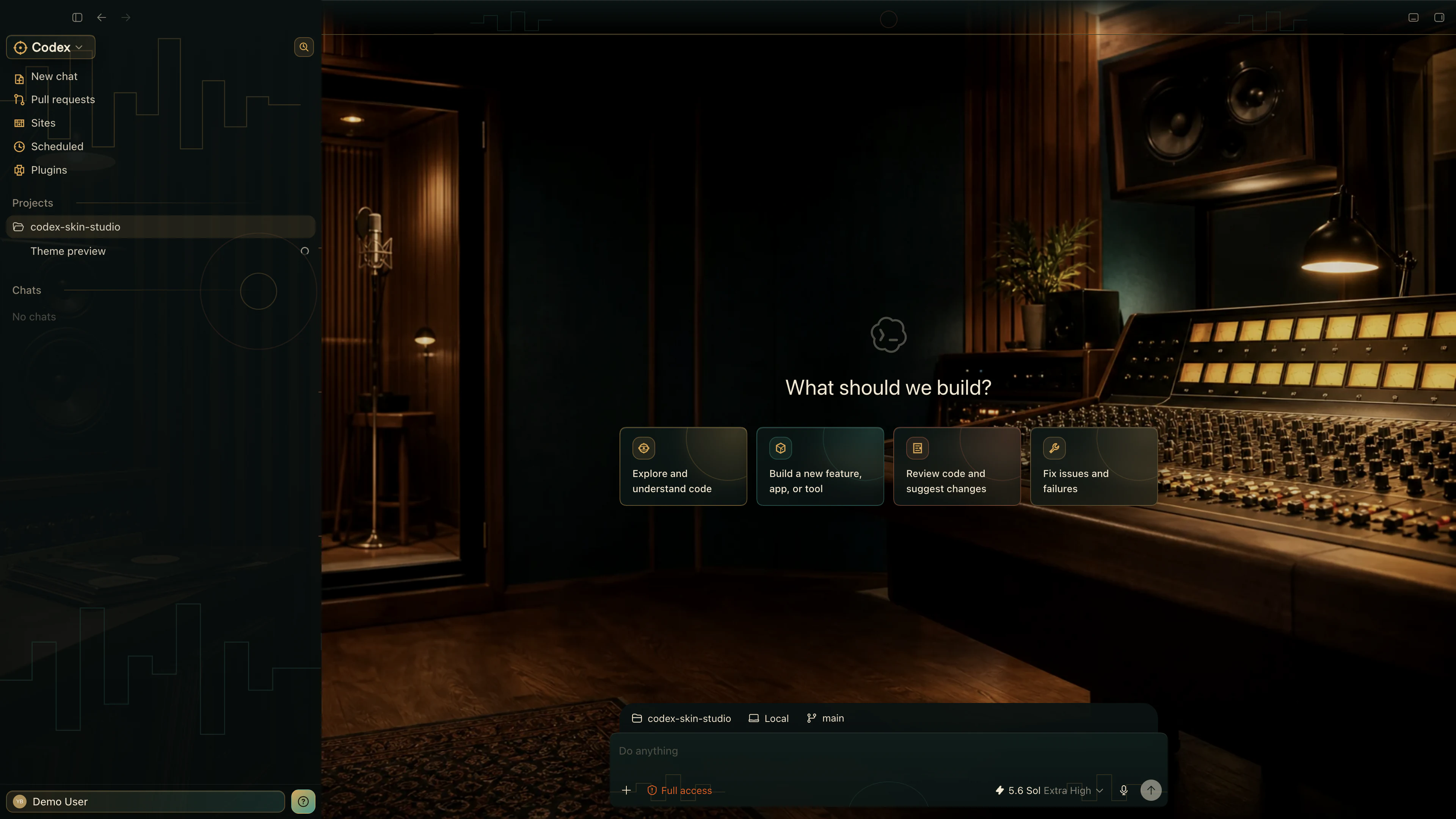 Analog Room theme in the real Codex New Task interface with privacy-safe English demo content