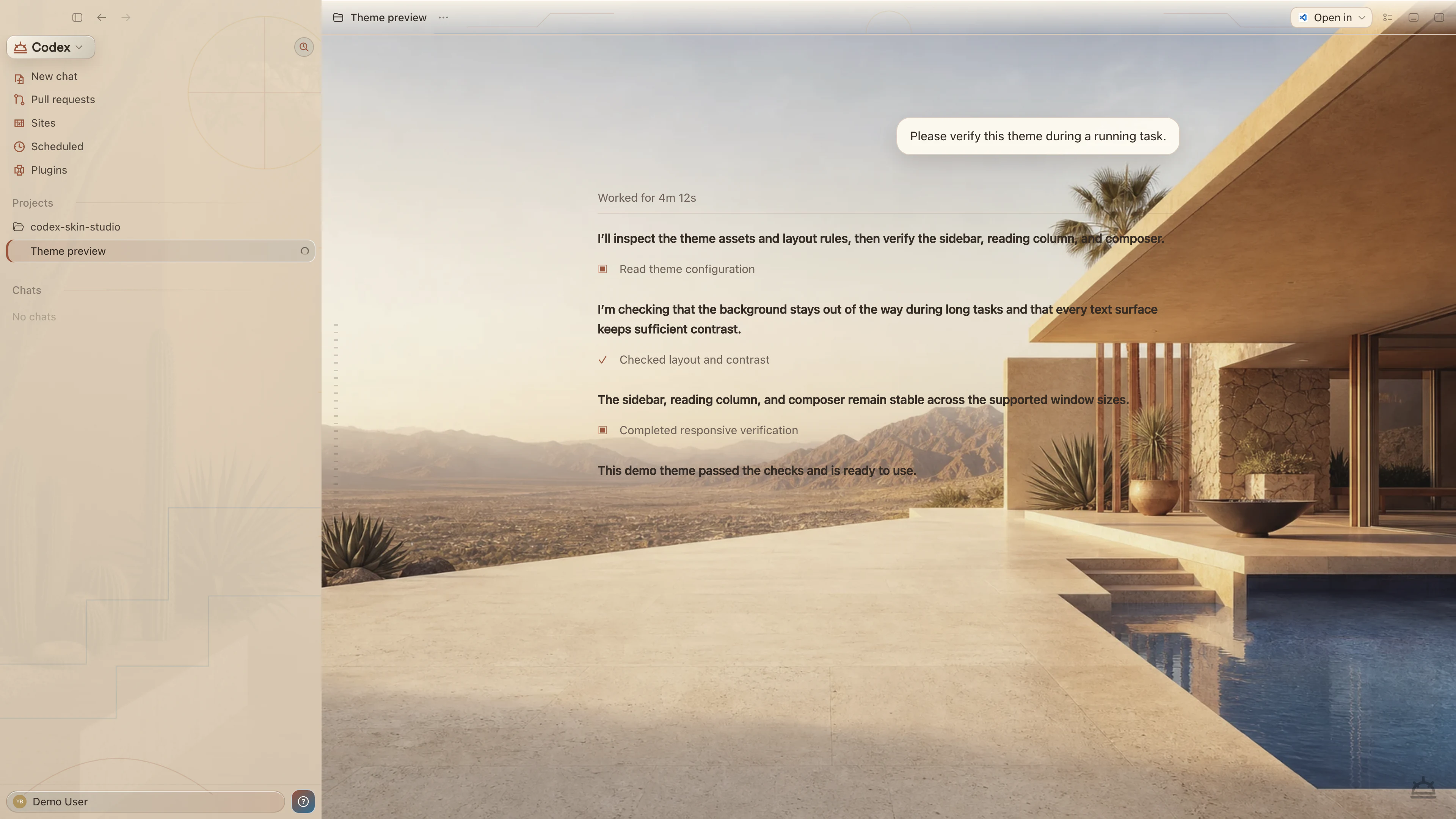 Desert Modern theme in the real Codex Running Task interface with privacy-safe English demo content