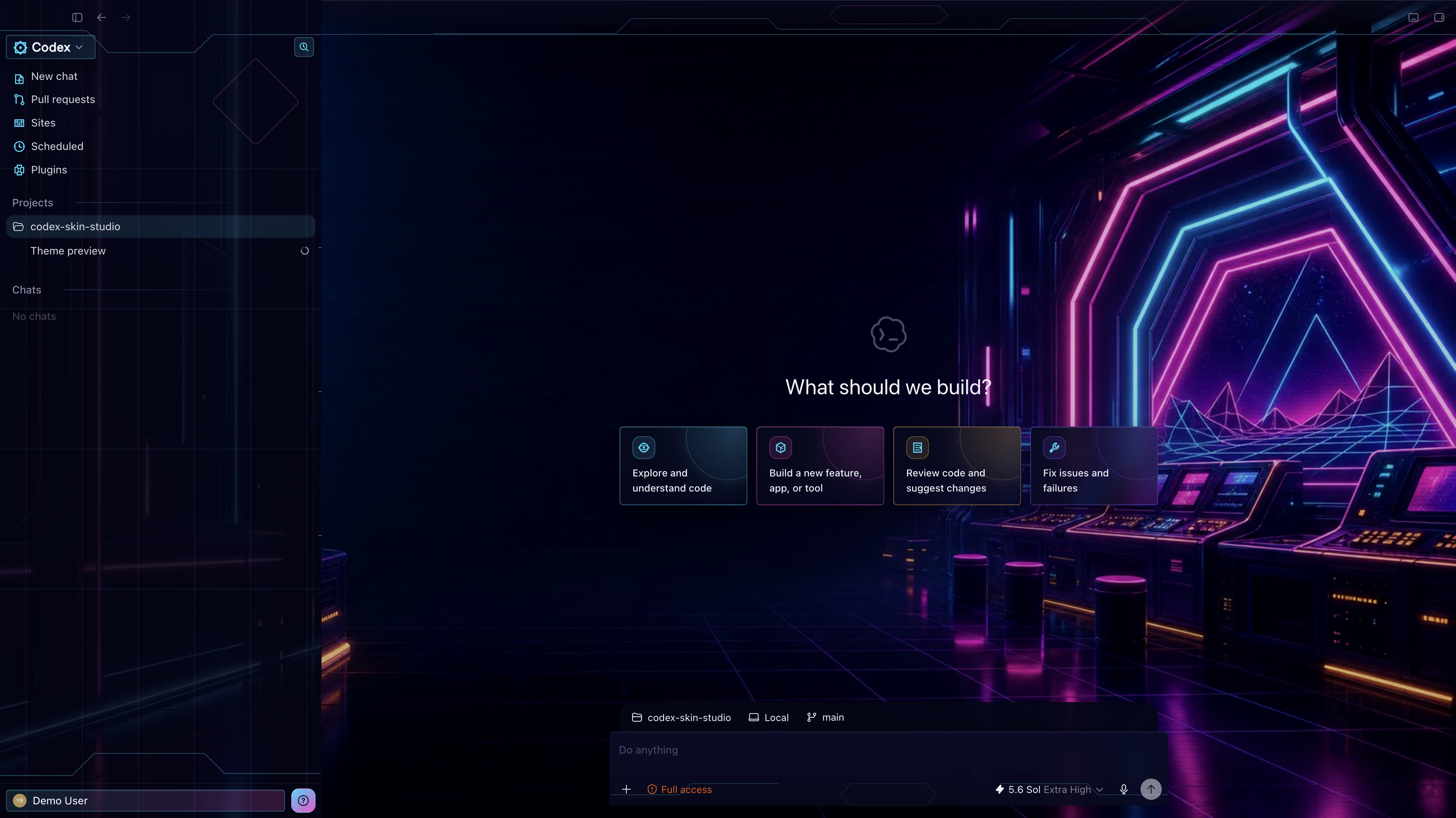 Neon Arcade theme in the real Codex New Task interface with privacy-safe English demo content