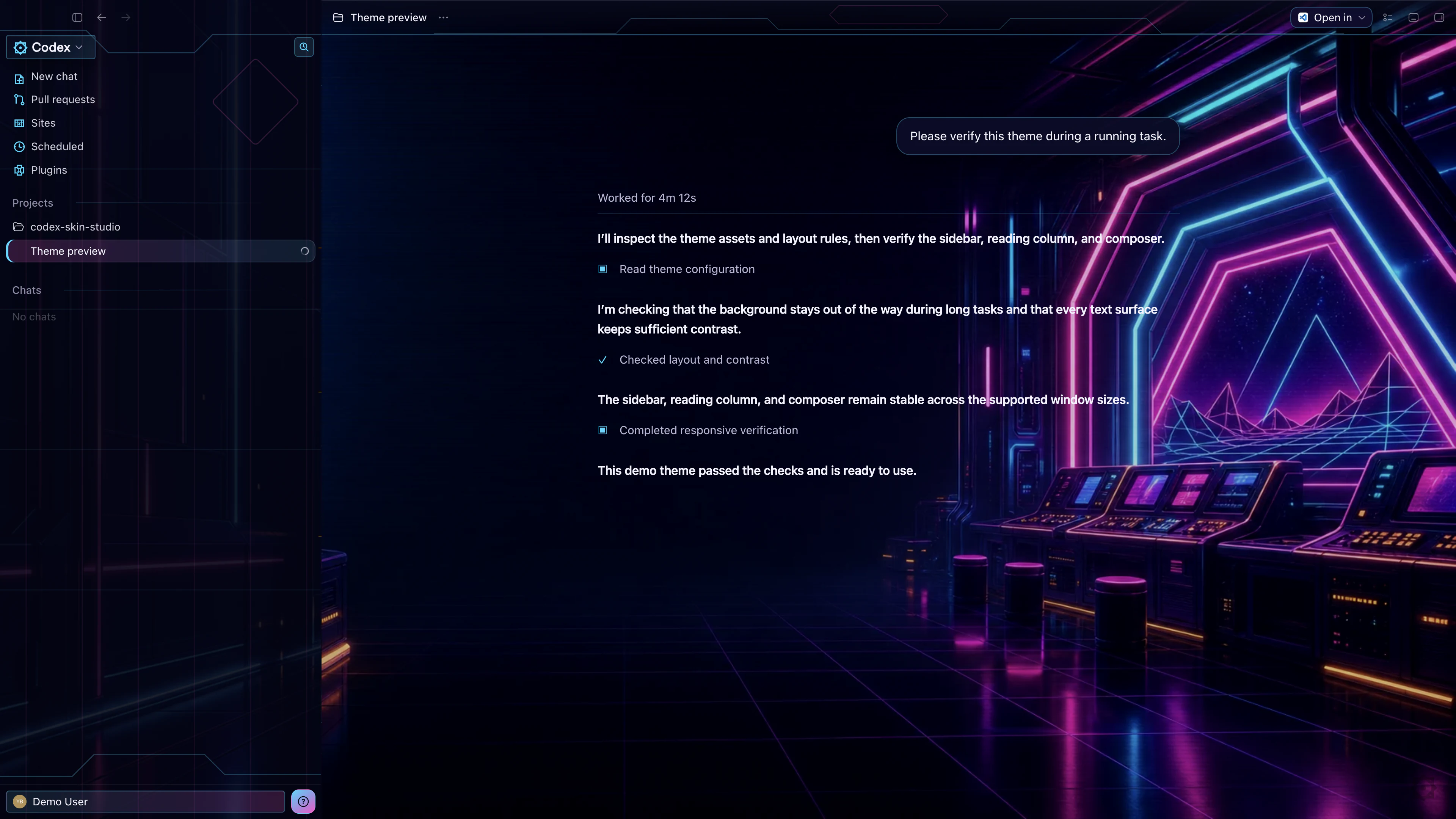 Neon Arcade theme in the real Codex Running Task interface with privacy-safe English demo content