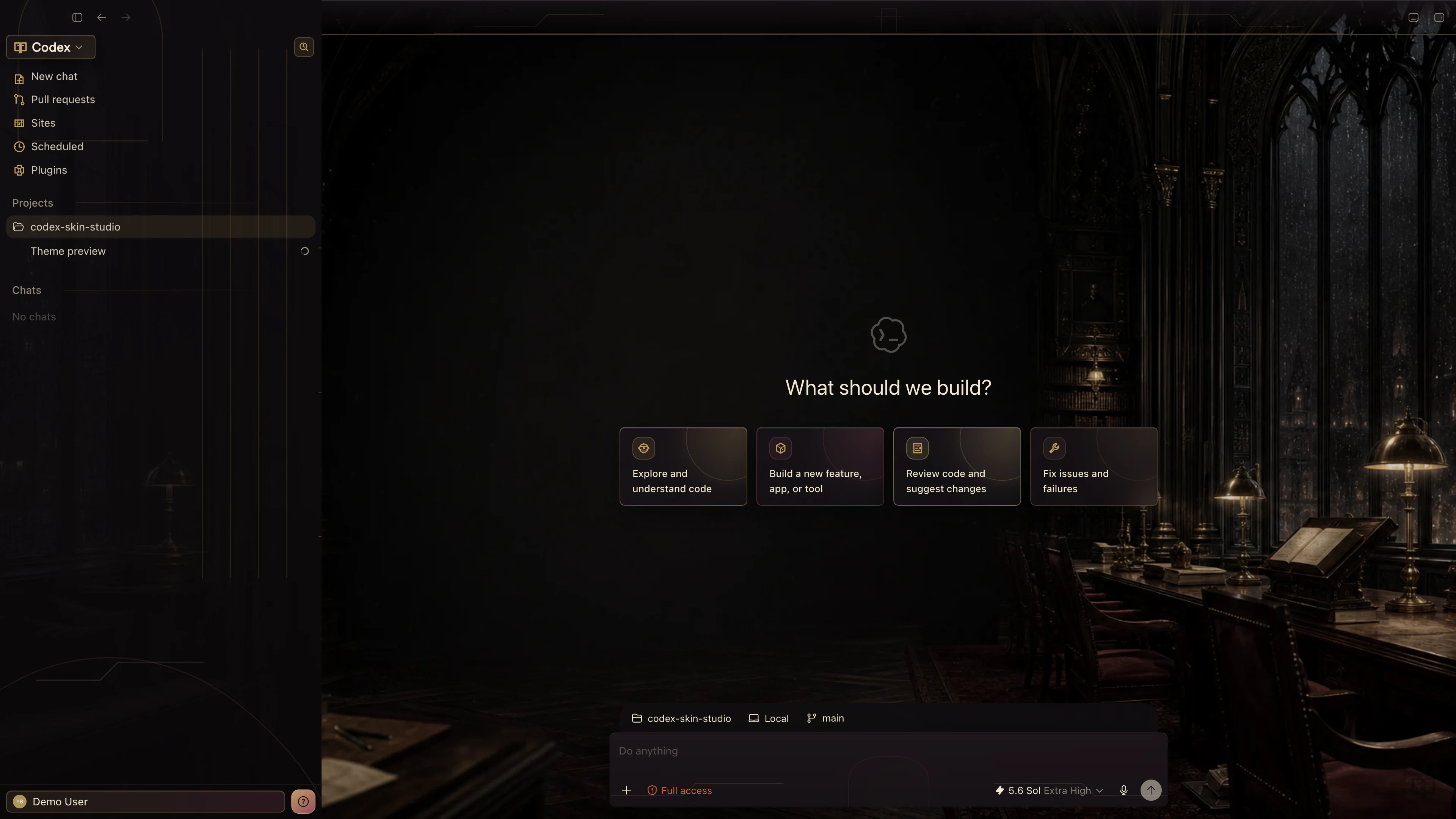 Nocturne Archive theme in the real Codex New Task interface with privacy-safe English demo content