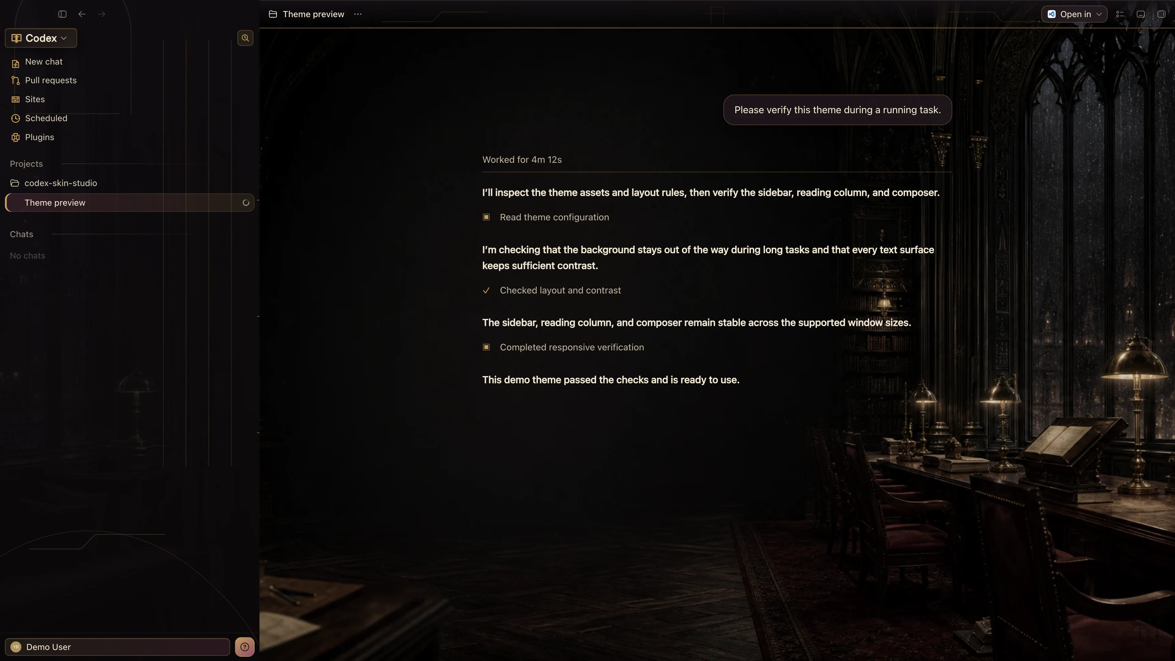 Nocturne Archive theme in the real Codex Running Task interface with privacy-safe English demo content