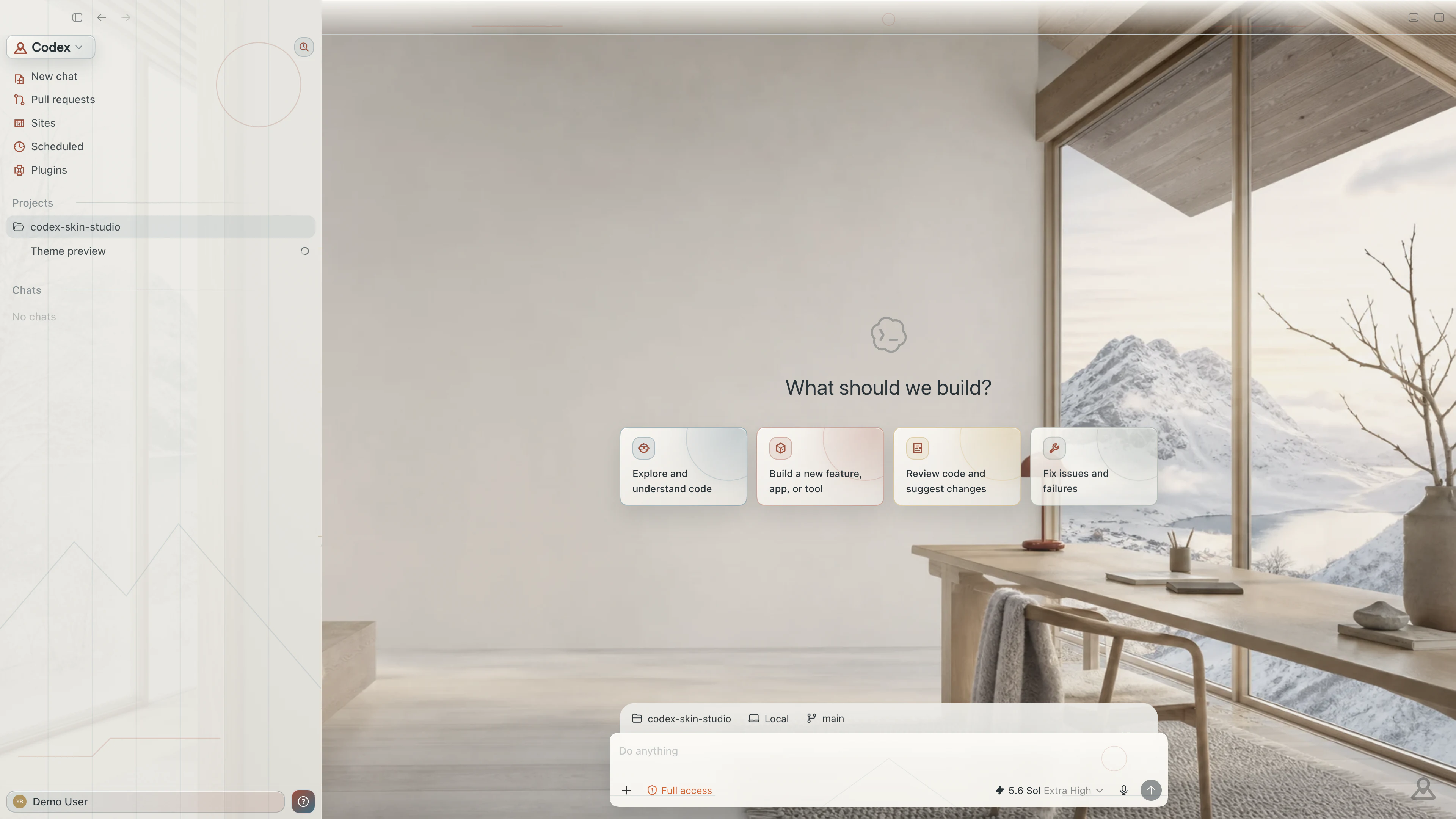 Nordic Dawn theme in the real Codex New Task interface with privacy-safe English demo content